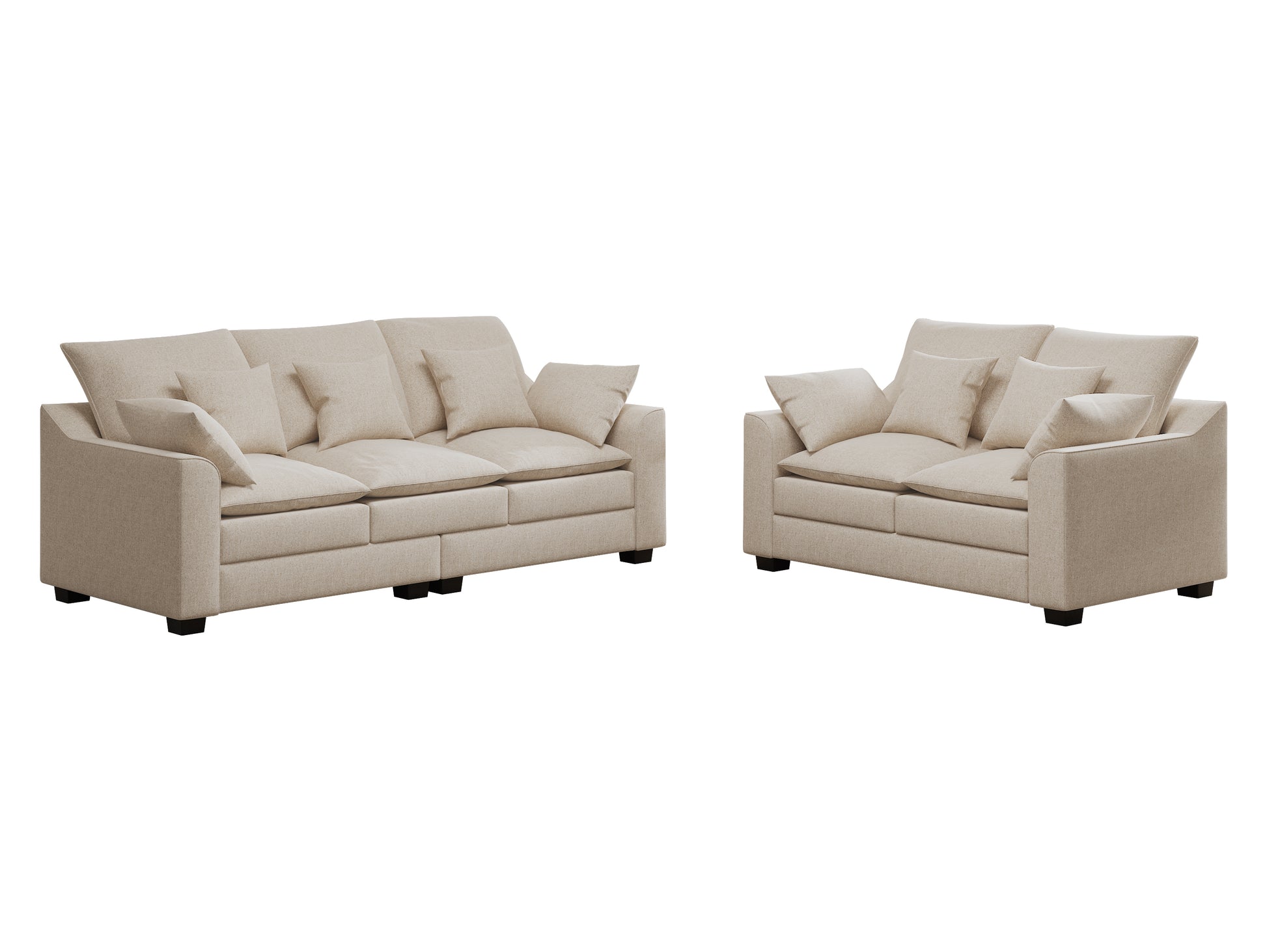 2 Pieces Sofa Couch 3 Seater And Loveseat With Pillows Polyester Upholstered Duck Down Filled Cushion Sofa Set For Living Room Apartment,Beige Beige Polyester Wood Primary Living Space Soft Cushion Back Foam Polyester 5 Seat