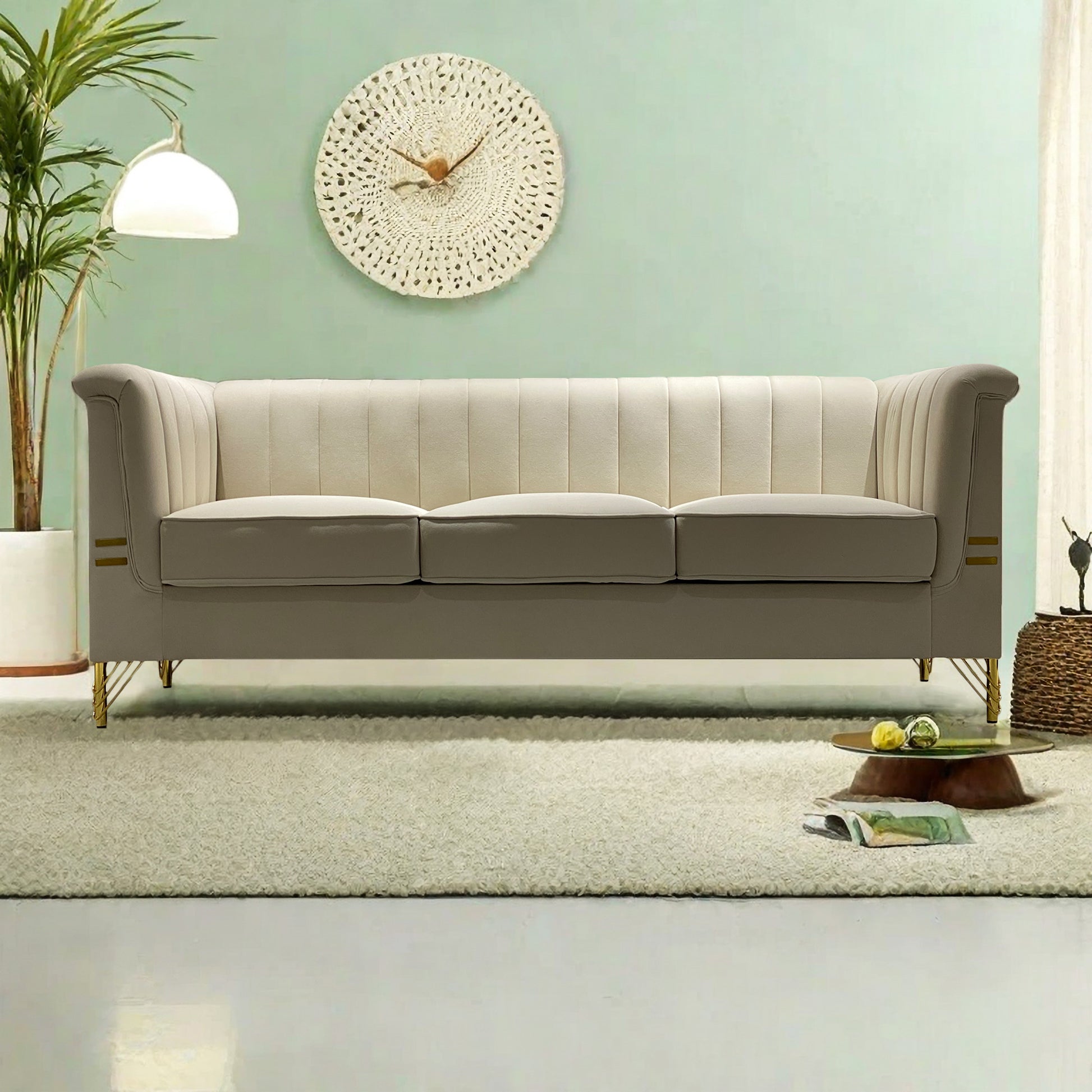 Fx P82 Be Sofa Modern Chenille Sofa, 82.67" Upholstered Couch With Bolster Armrest, 3 Seat Sofa For Living Room, Bedroom, Office, Apartment, Dorm, Beige Beige Velvet 3 Seat