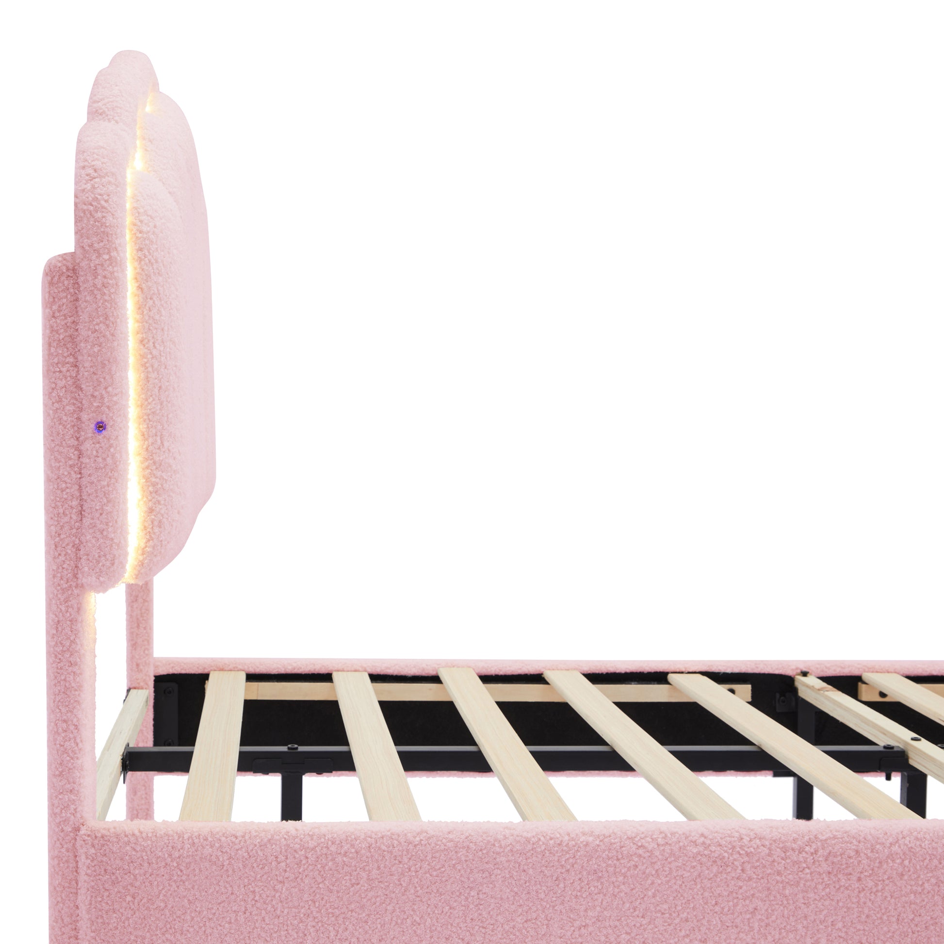 2 Pieces Bedroom Sets Twin Size Flower Shaped Upholstered Led Platform Bed With Storage Ottoman Sherpa Fabric, Pink Twin Pink 2 Piece Set Wood