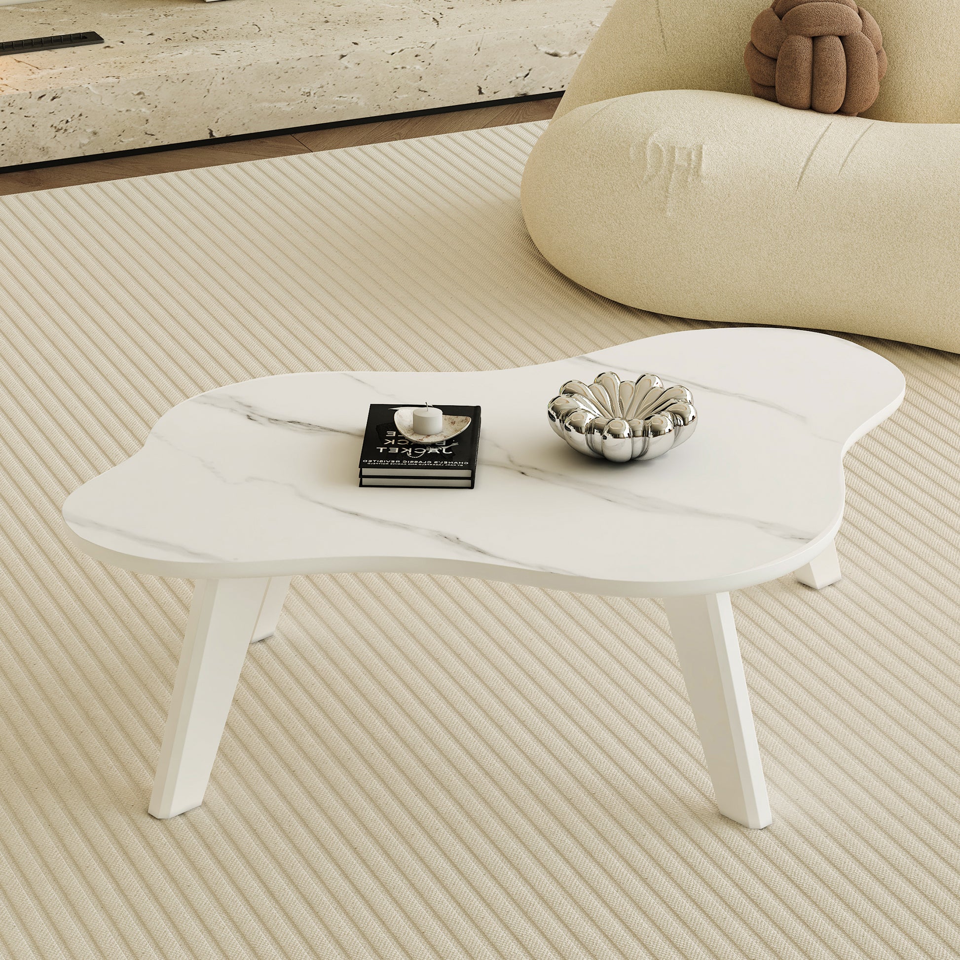 Modern Minimalist White Imitation Marble Tabletop Coffee Table. Solid Wood Spray Painted Desk Legs, Cloud Shape To Give You A Experience, Computer Desk. Suitable For Dining And Living Rooms. White Mdf