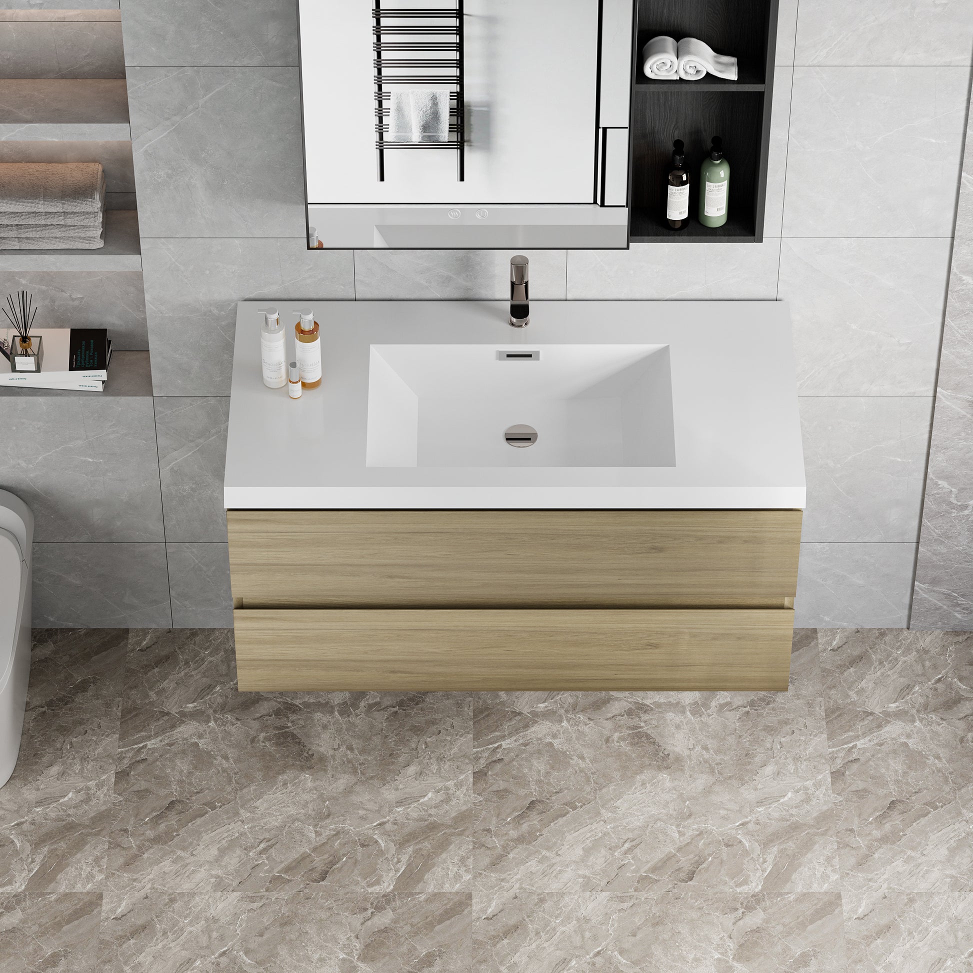 42" Floating Bathroom Vanity With Sink, Modern Wall Mounted Bathroom Storage Vanity Cabinet With Resin Top Basin And Soft Close Drawers, Natural Oak 24V11 42No White Oak Wood