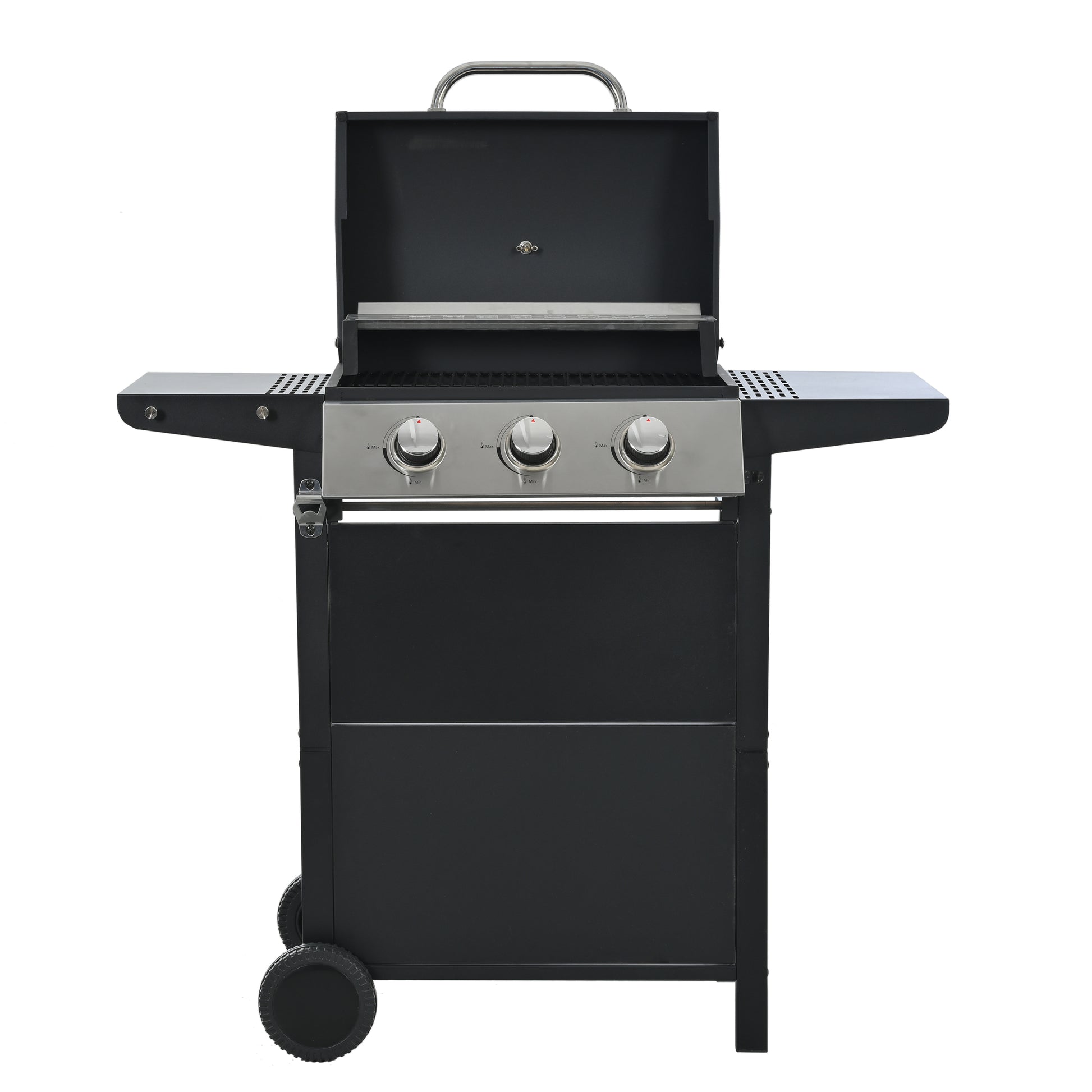 Propane Gas Grill 4 Burner Barbecue Grill, Stainless Steel 34,000 Btu Patio Garden Barbecue Grill With Two Shelves, Lid, Wheels And Bottle Opener Black Iron