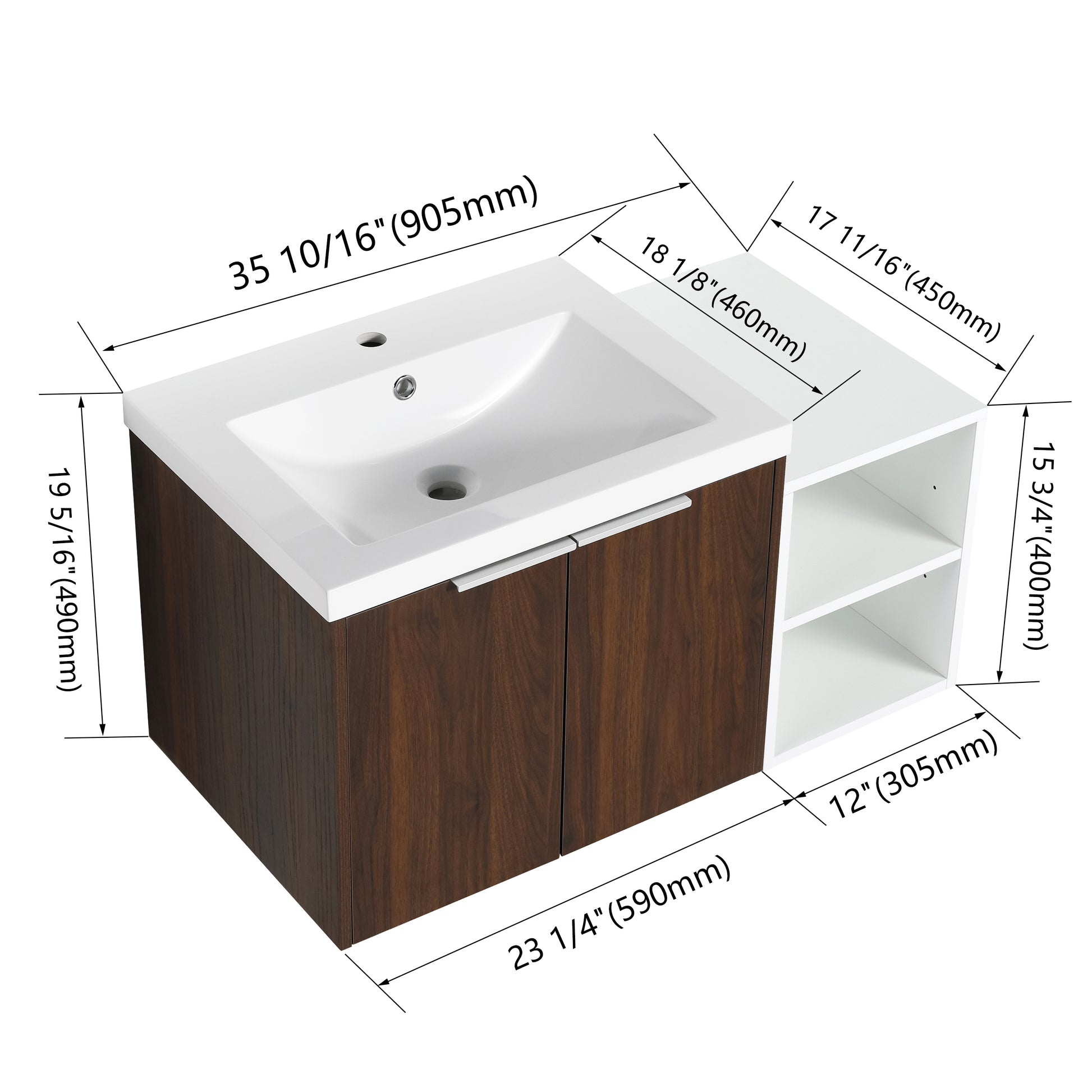 36 Inch Soft Close Doors Bathroom Vanity With Sink, A Small Storage Shelves, 24" And 12" Combination Cabinet, Kd Packing California Walnut 2 1 Bathroom Wall Mounted Modern Plywood
