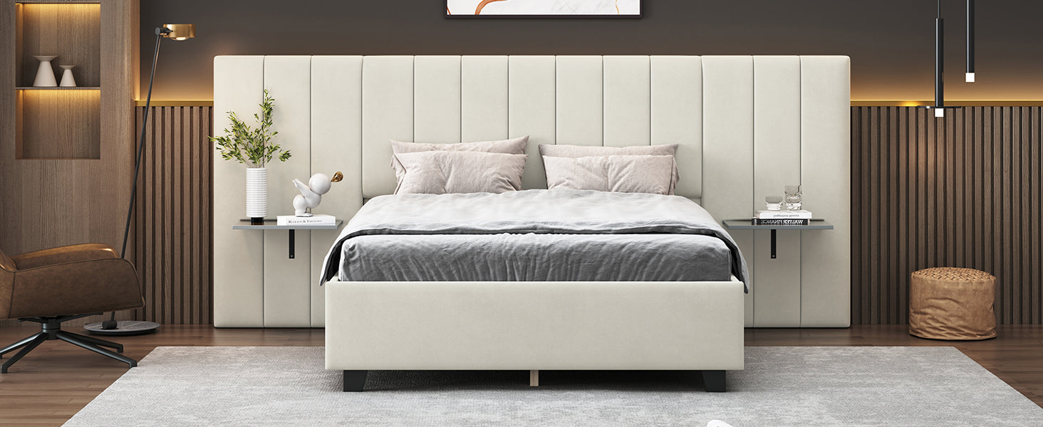 Full Size Upholstered Platform Bed With Big Headboard, Bedroom Furniture, Velvet, Beige Full Beige Plywood