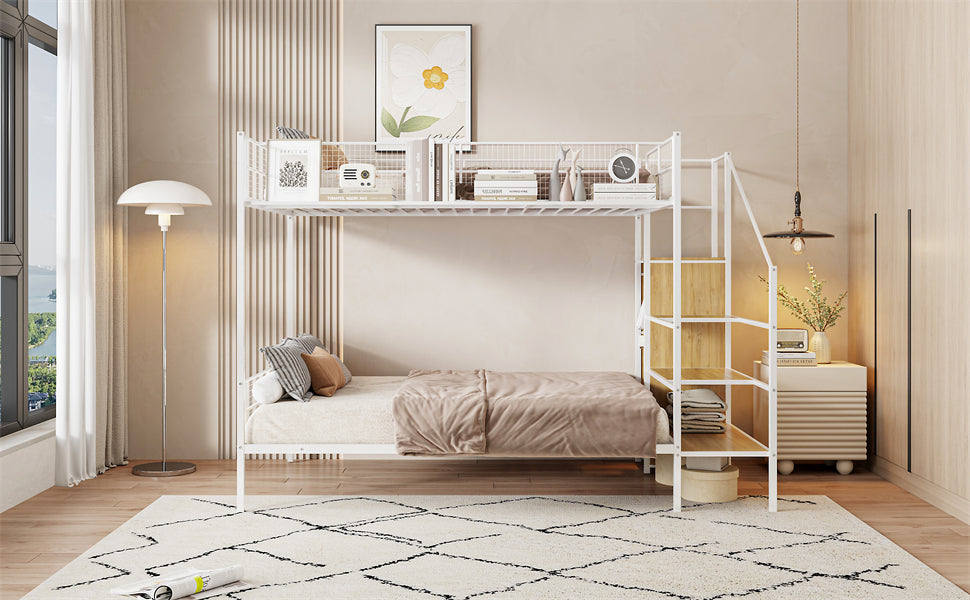 Twin Over Full Metal Bunk Bed With Wire Shelving And Lateral Storage Ladder And Wardrobe, White White Metal