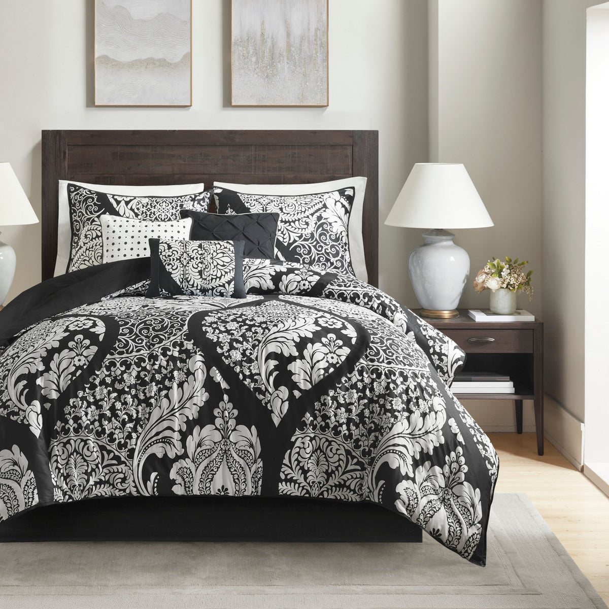 7 Piece Cotton Printed Comforter Set Black Cal King California King Black Polyester