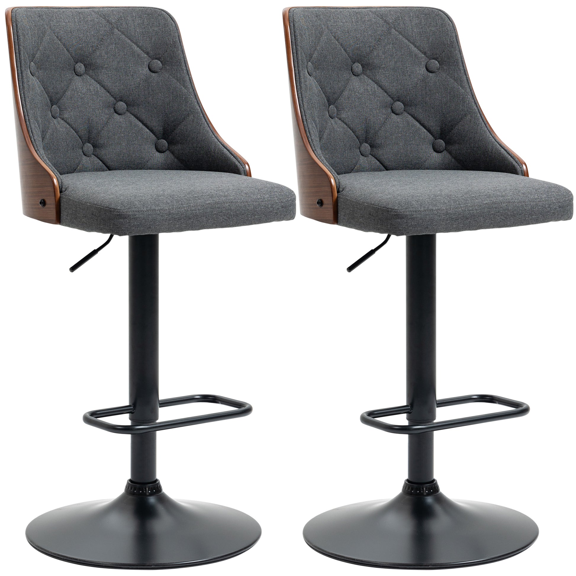 Homcom Counter Height Bar Stools Set Of 2, Height Adjustable Swivel Barstools With Footrest And Tufted Back, Linen Fabric Bar Chairs, Dark Grey Dark Grey Wood