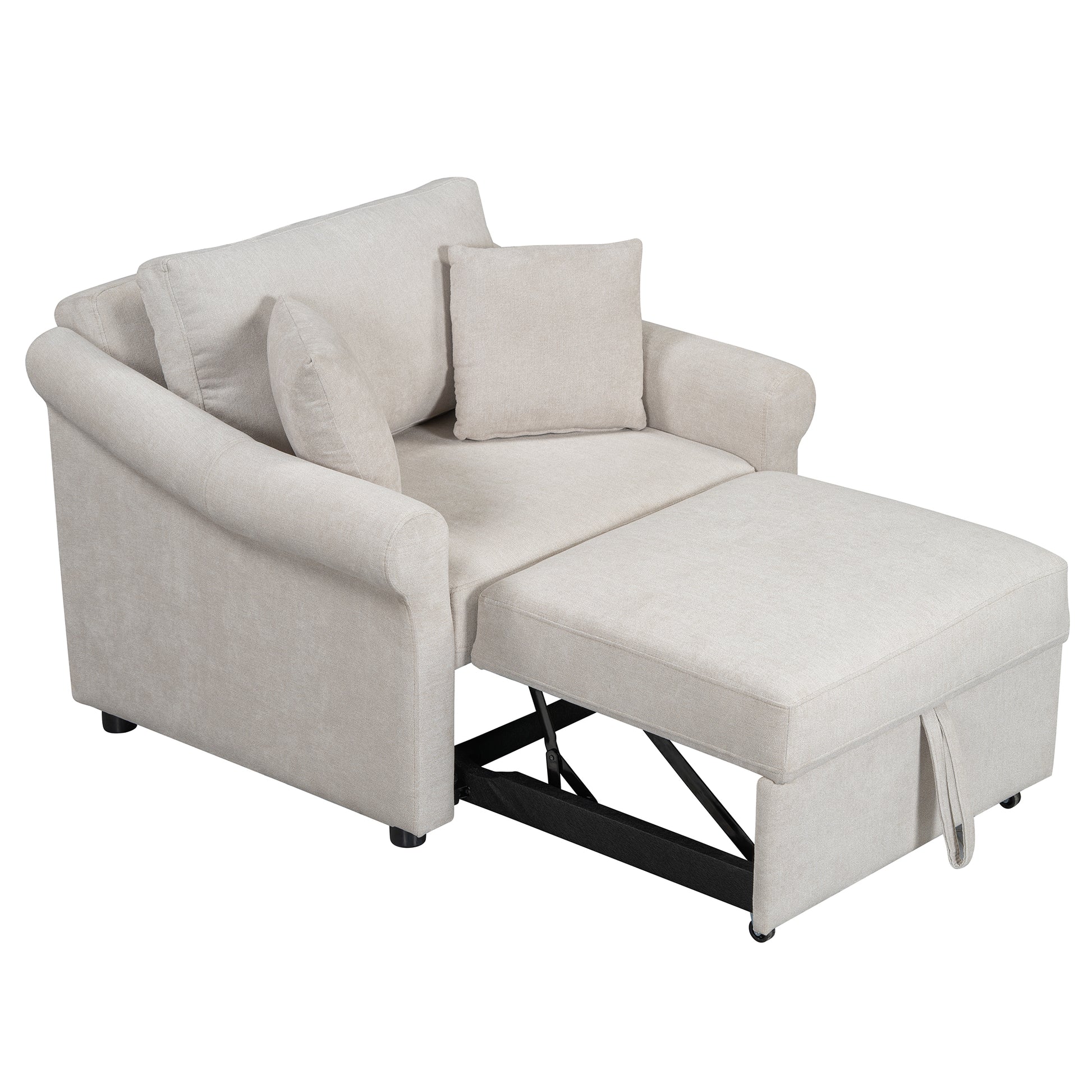 Chenille Convertible Sleeper Chair With Adjustable Backrest, 3 In 1 Lounger Chair Turns Into Bed, Single Bed For Living Room, Beige Beige Chenille