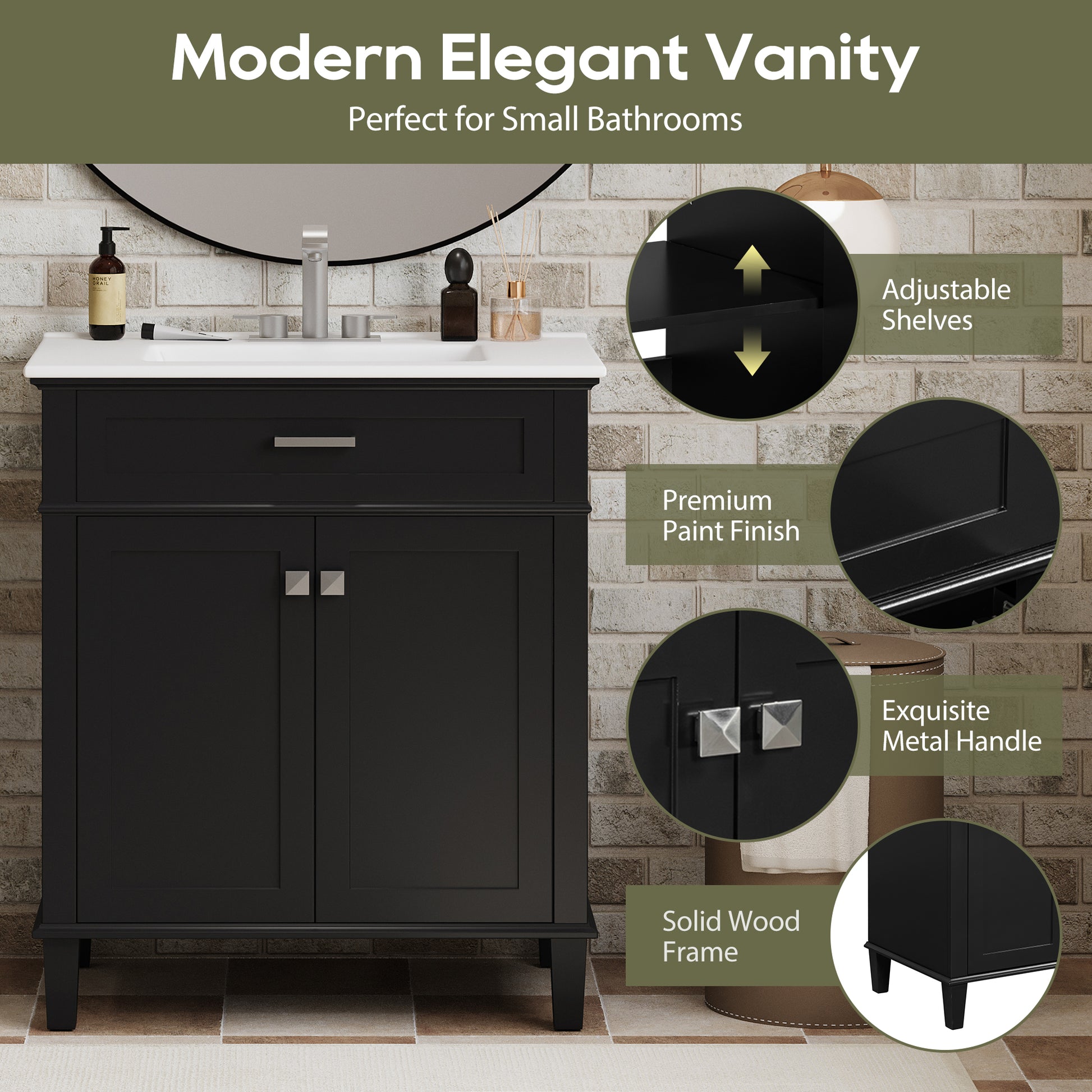 30 Inch Bathroom Vanity With Ceramic Basin, Soft Close Door And Adjustable Shelves Black Bathroom Solid Wood Mdf