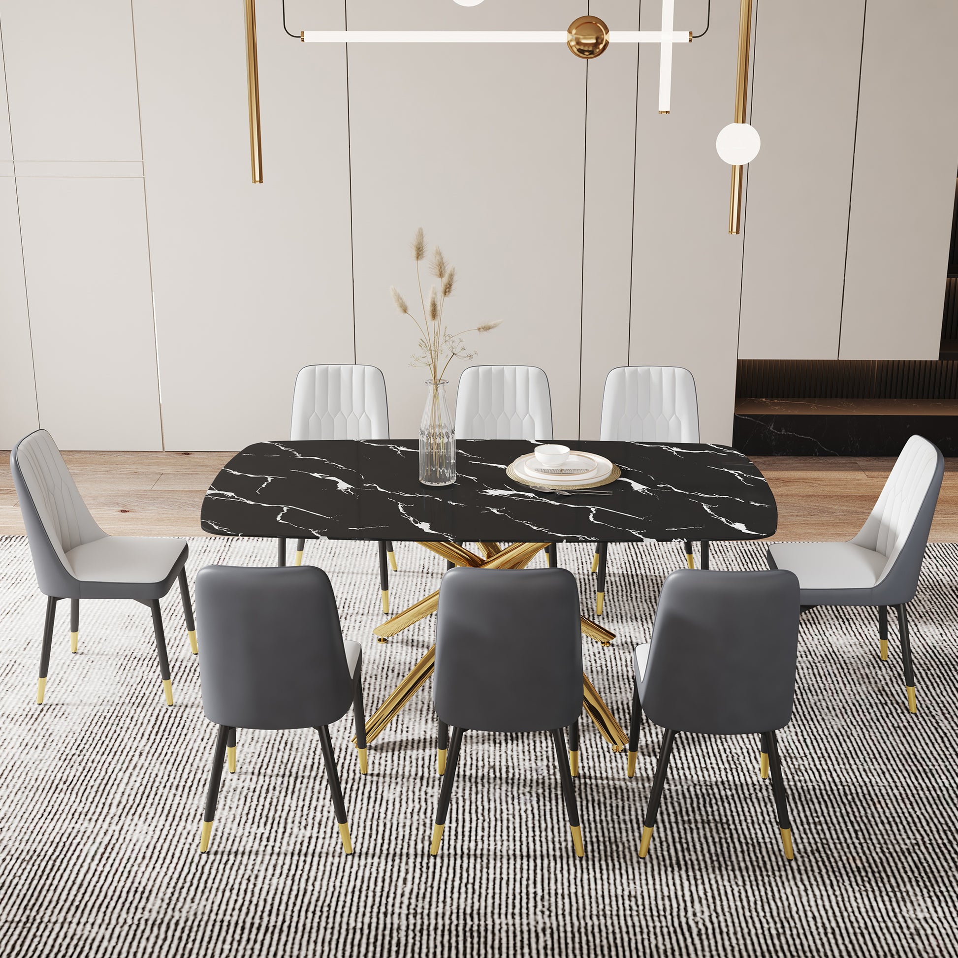 Large Modern Minimalist Rectangular Dining Table With 0.39 "Imitation Marble Black Tabletop And Golden Metal Legs, Paired With Chairs With Pu Cushions And Black Metal Legs. F 1537 C 007 Black Gold Glass Metal