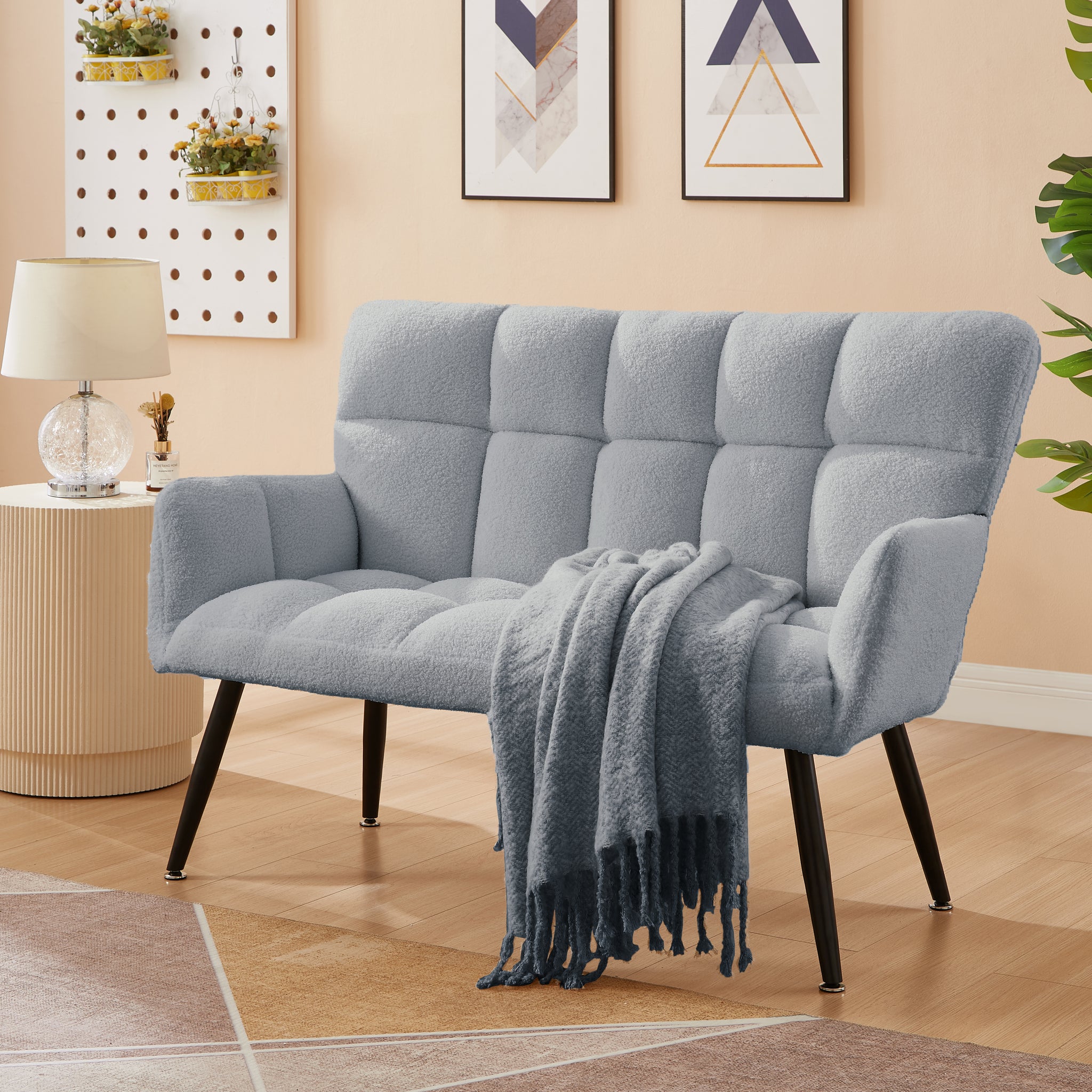 52'' Small Loveseat Sofa, Couch 2 Seater With Quilting Backs For Living Room, Bedroom And Small Space Color:Blue Light Blue Teddy