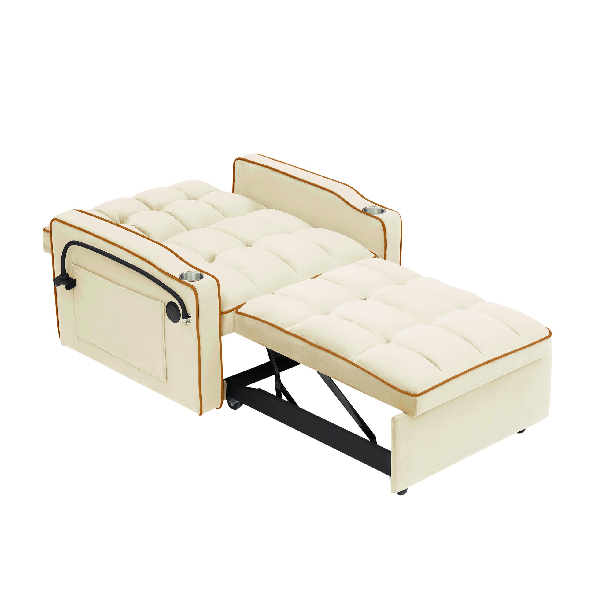 1 Versatile Foldable Sofa Bed In 3 Lengths, Modern Sofa Sofa Sofa Velvet Pull Out Bed, Adjustable Back And With Usb Port And Ashtray And Swivel Phone Stand Creamy White Creamy White Light Brown Velvet Wood Primary Living Space Cushion Back Light Duty
