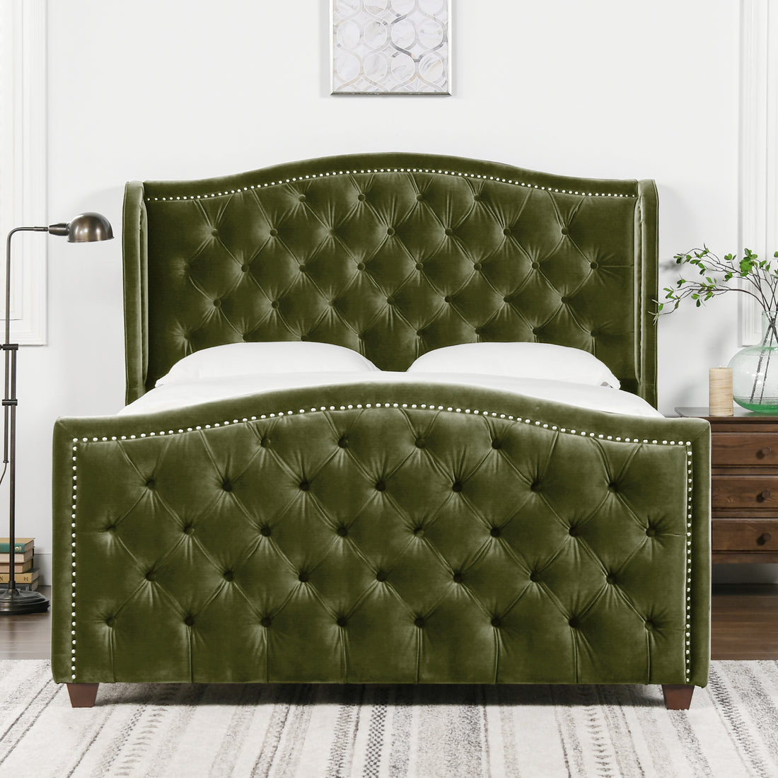 Marcella Upholstered Shelter Headboard Bed Set, Queen, Olive Green Performance Velvet Box Spring Required Queen Olive Green Wood Foam Velvet Velvet