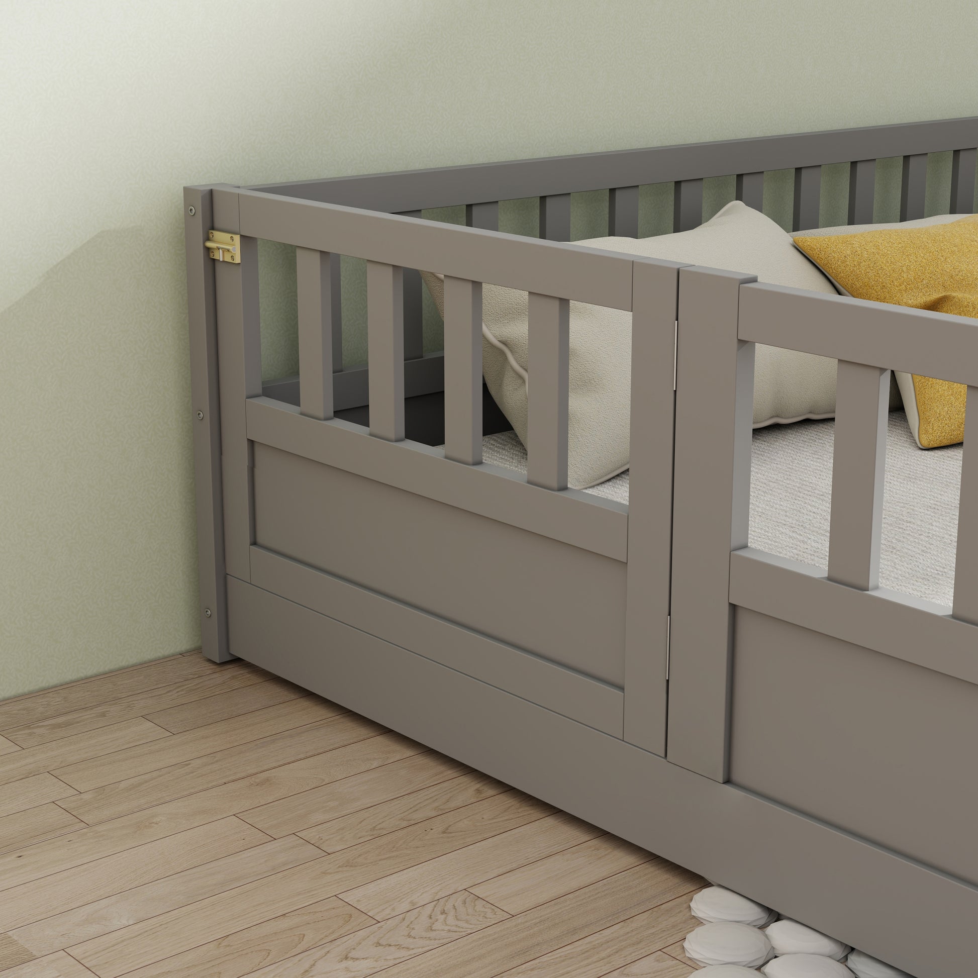 Full Size Floor Bed, Integral Construction With Super High Security Barrier, Door, Children'S Floor Bed Frame, Montessori Wooden Children'S Floor Bed, Support Slat Grey Box Spring Required Full Grey Wood Brown Bedroom American Design,Artsy Pine Bed Frame