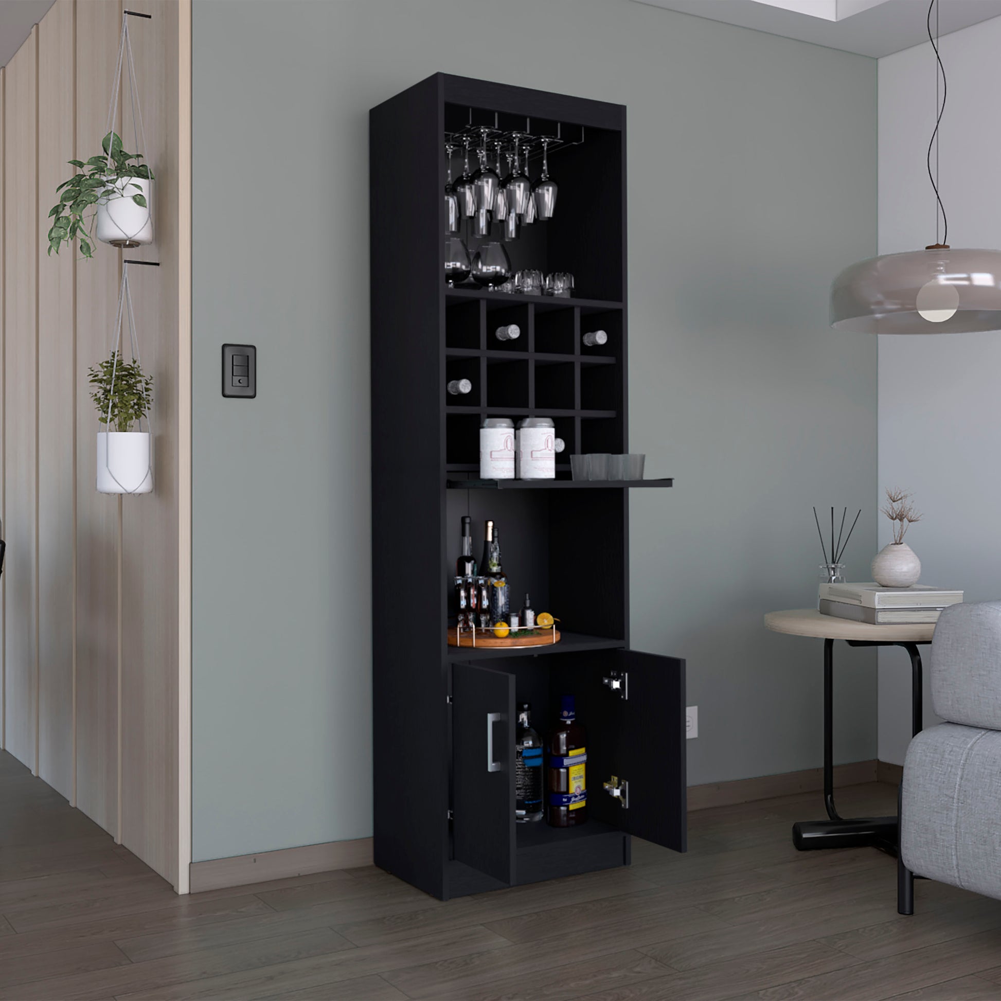Kevil 71 Inch Tall Bar Cabinet 5 Tier Modern Bar Cabinet With Glass Holder Stemware Rack, Wine Cabinet, Liquor Cabinet, 12 Bottle Cubbies, 5 Shelves, And Pull Out Tray Black Primary Living Space Modern Particle Board Shelves Included Engineered Wood