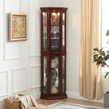 Corner Curio Cabinet With Lights, Adjustable Tempered Glass Shelves, Mirrored Back, Display Cabinet,Cherry E26 Light Bulb Not Included Cherry Mdf