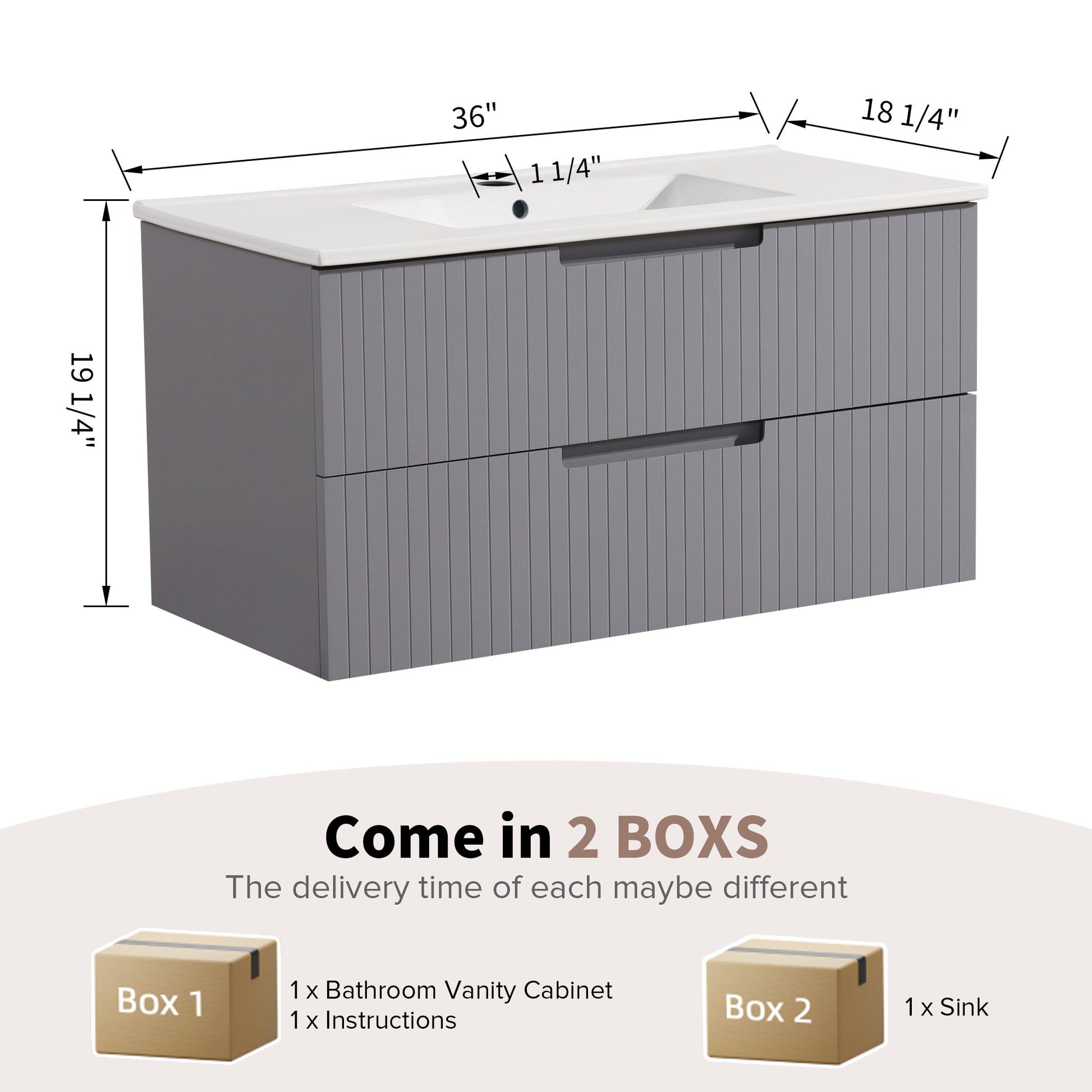 36 Inch Floating Bathroom Vanity With Ceramic Sink Set, Modern Bath Storage Cabinet Vanity With Drawers Wall Mounted Combo For Bathroom, Gray Grey Mdf