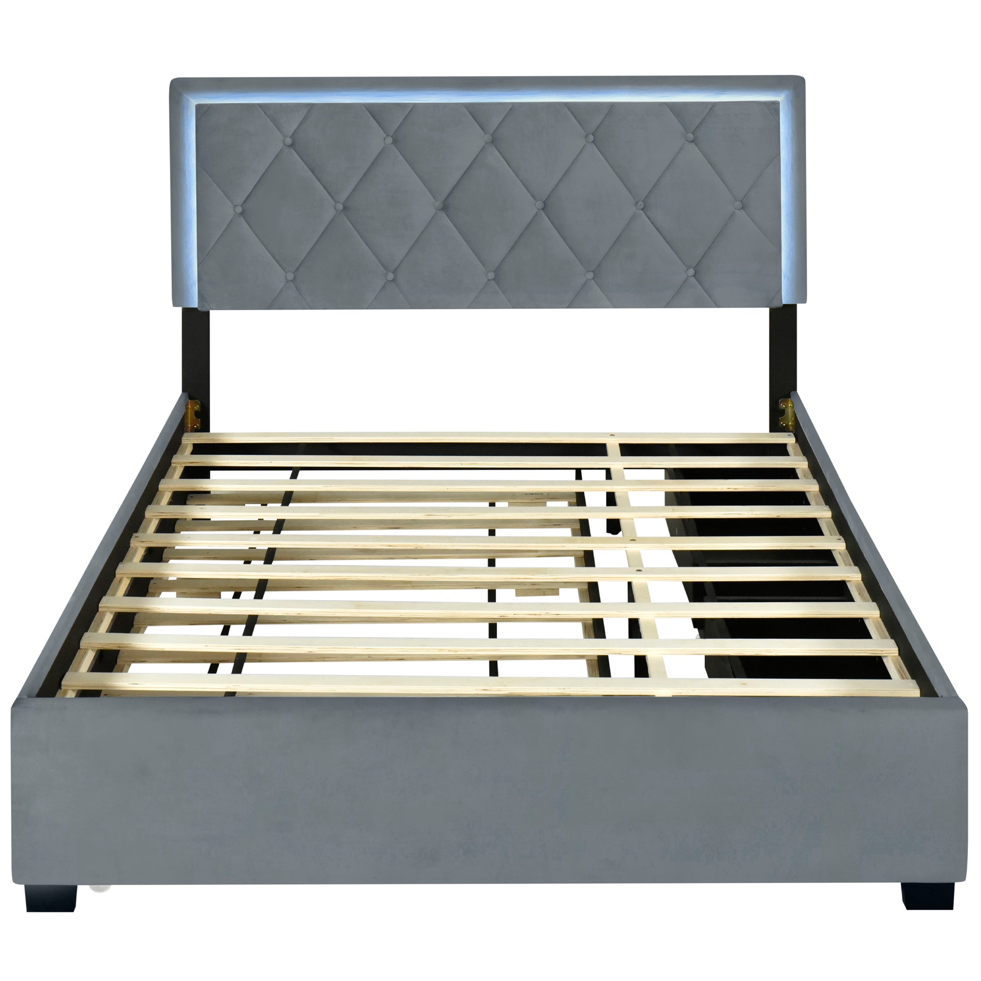 Queen Size Velvet Storage Platform Bed, With 2 Big Drawers, Twin Xl Size Trundle And Led Light, Gray Gray Velvet