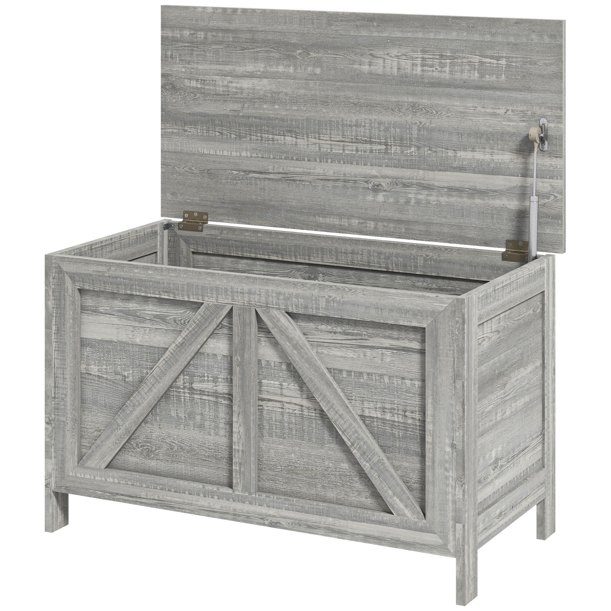 Homcom 30" Farmhouse Storage Chest, Lift Top Box Organizer With Safety Hinge To Open Up 100 For Bedroom, Entryway, Living Room, Gray Wood Grain Light Gray Particle Board