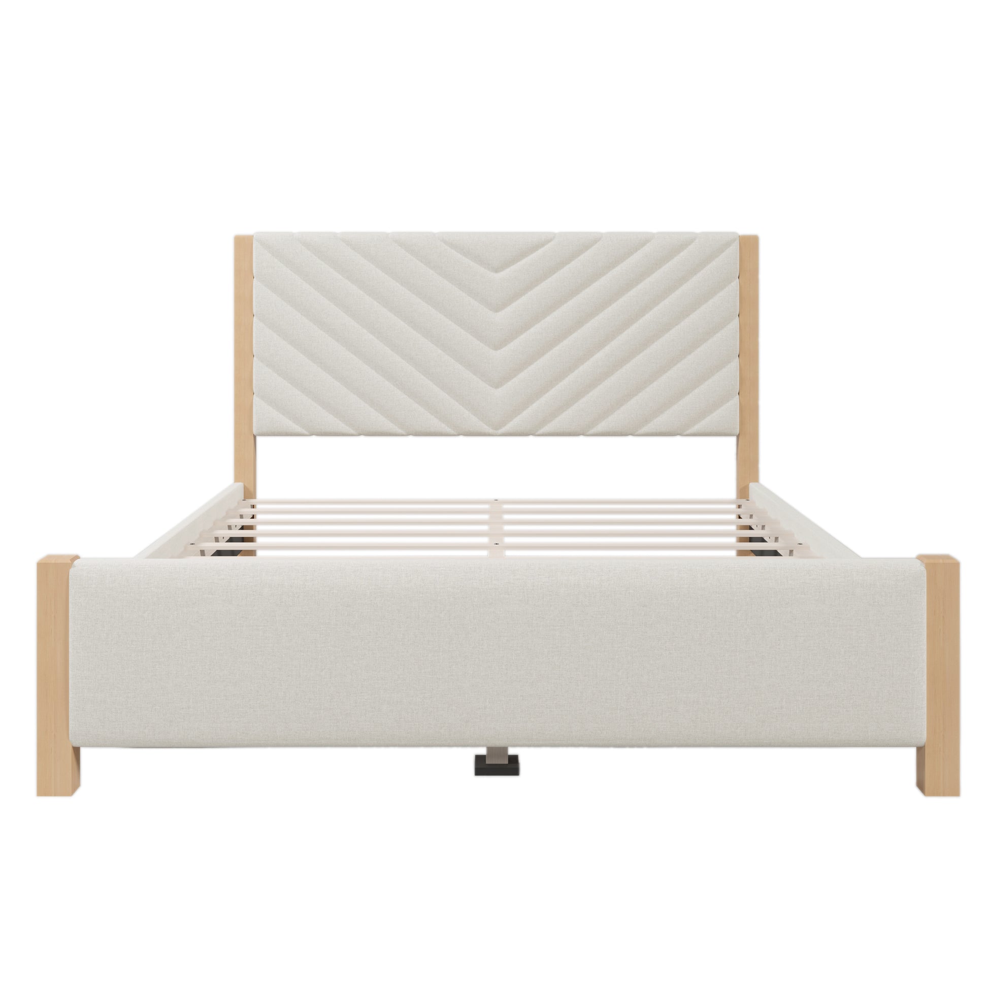 Modern Mid Century Queen Upholstered Platform Bed Frame With Tufted Headboard And Solid Wood Legs,No Box Spring Needed,Beige Box Spring Not Required Queen Beige Wood Bedroom Mid Century Modern,Modern Bed Frame Linen Wood