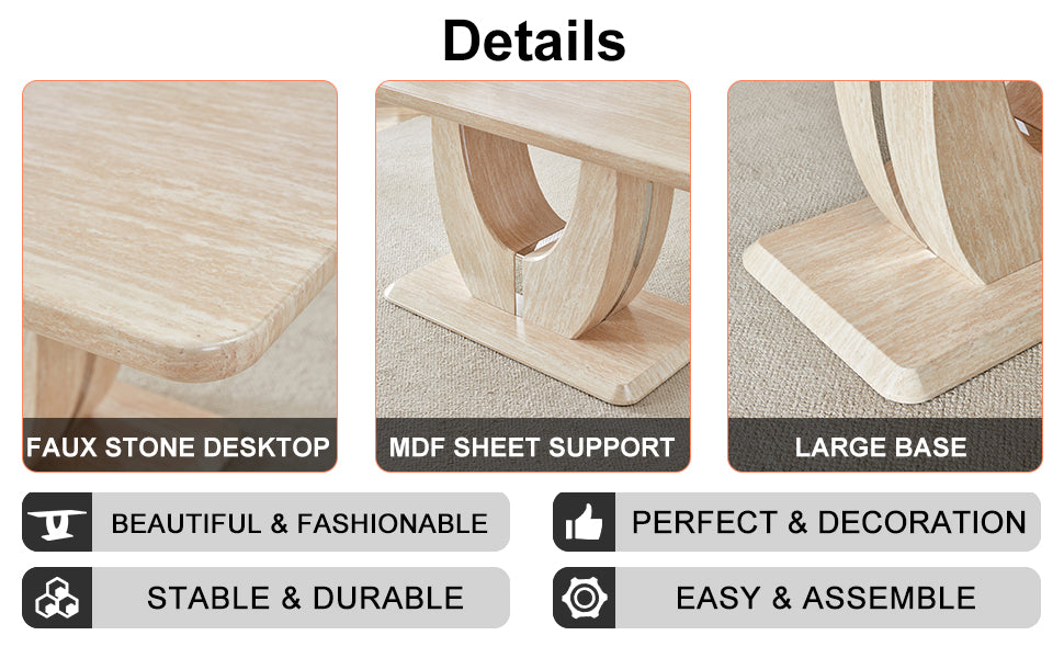 Table And Chair Set.Modern Minimalist Luxury Mdf Rectangular Dining Table With Light Yellow Textured Stickers On The Table, 6 Pu Synthetic Leather High Backrest Soft Cushioned Side Chairs. Light Yellow Seats 6 Mdf
