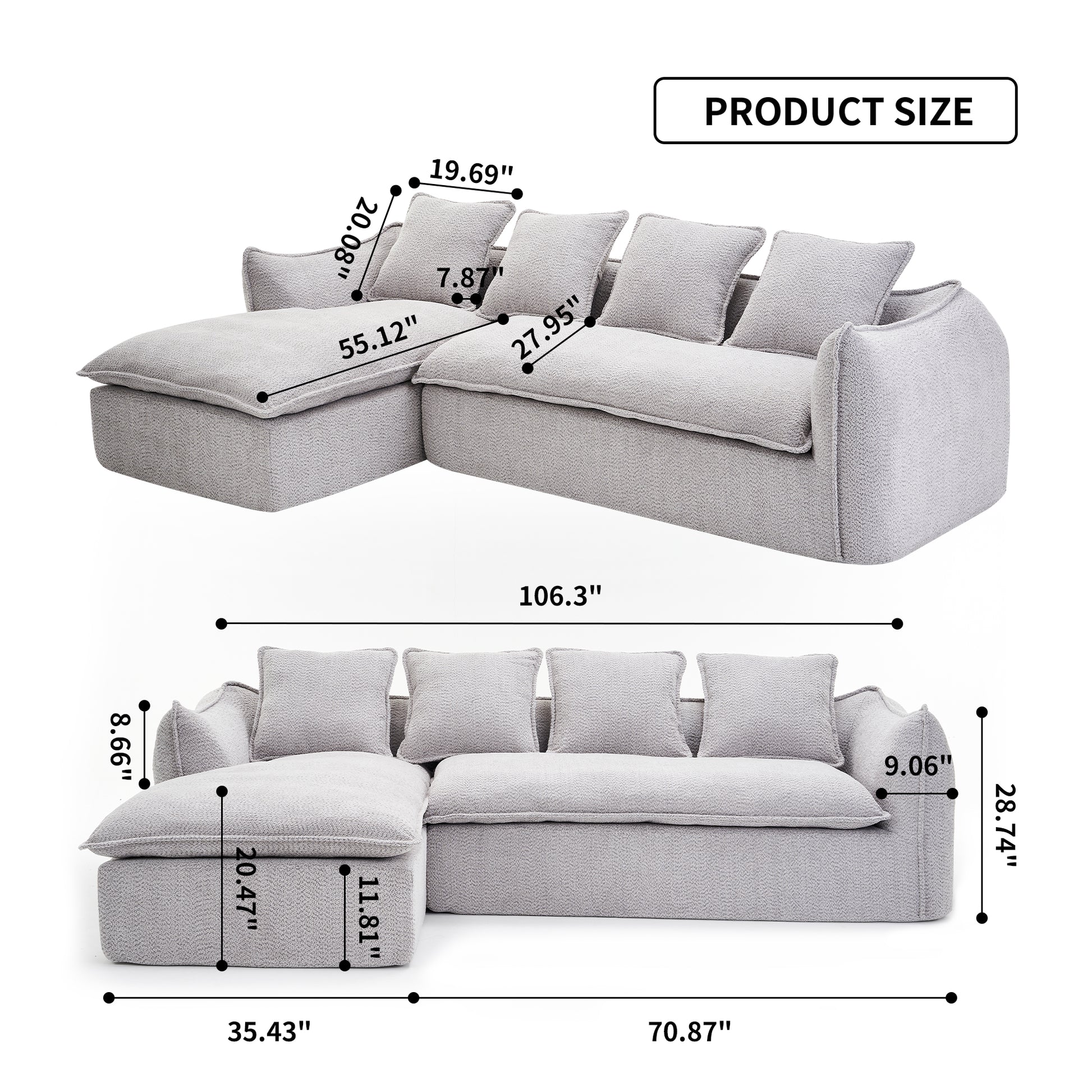 Sofa Deep Seat Sofa 3 Seater For Living Room Oversized Comfy Sofa L Shape Sofa Couch With Chaise Home Furniture Sleeper Sectional Sofa For Apartment, Office Left Hand Facing Grey Foam 3 Seat