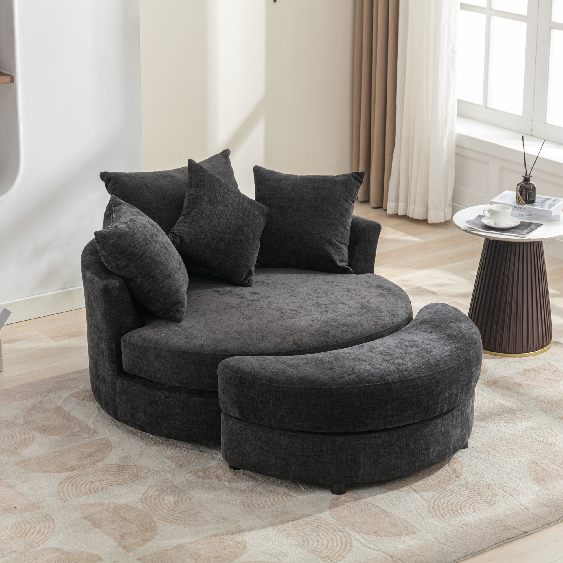 Orisfur. 360 Swivel Accent Barrel Chair With Storage Ottoman & 4 Pillows, Modern Chenille Leisure Chair Round Accent For Living Room, Gray Gray Foam Chenille
