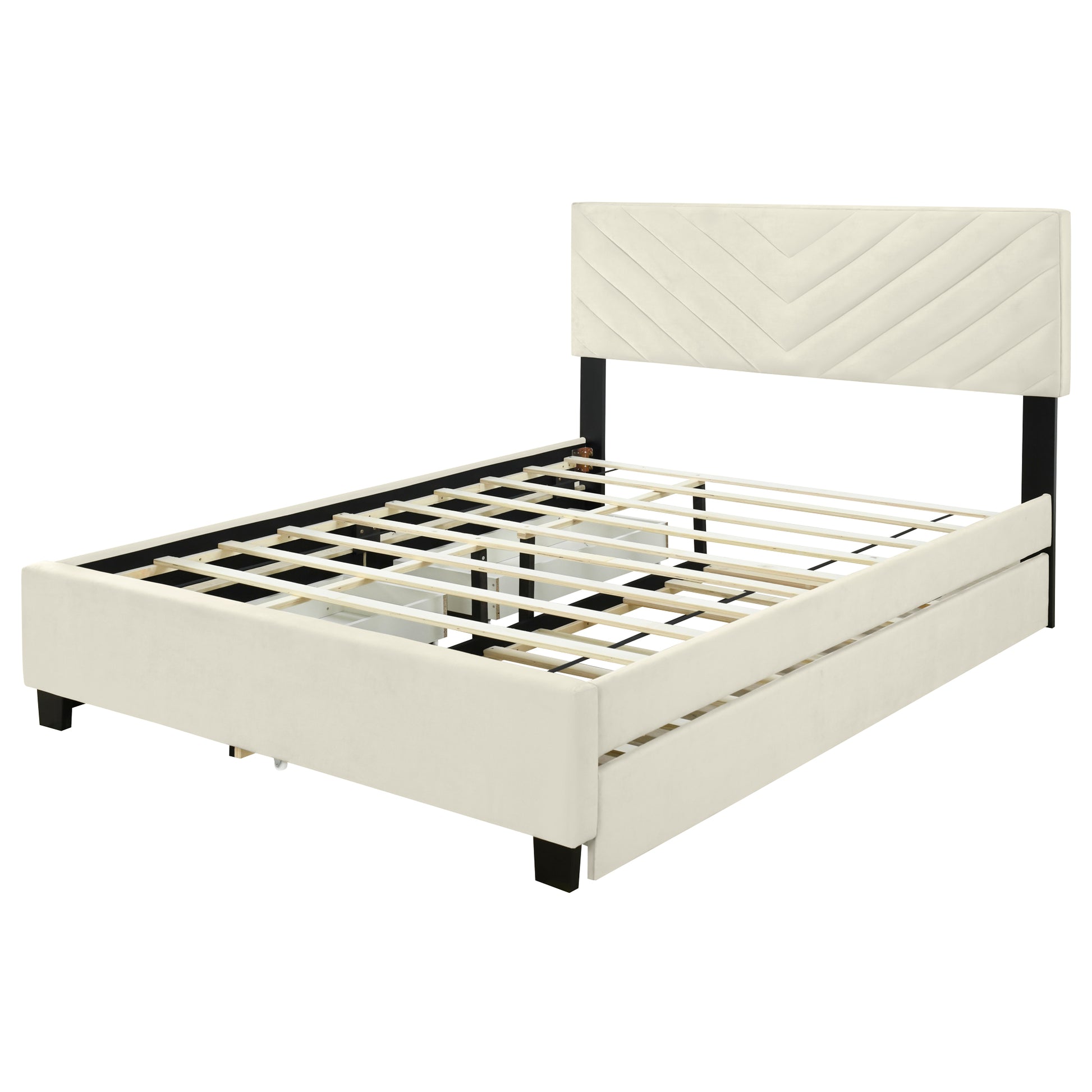 Queen Size Upholstered Platform Bed With Twill Headboard, Pullout Bed And Two Drawers, Flannel, Beige Queen Beige Mdf Lvl