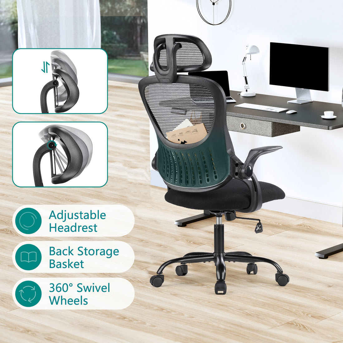 Office Chair, Comfortable Swivel Chair With High Back, Wheels, Adjustable Headrest, Comfortable Lumbar Support, Flip Arm, Black Black Stainless Steel