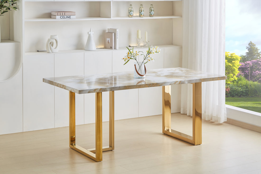 Luxurious Faux Marble Mdf Dinning Table For 6 Or 8, Rectangular 70.9"L*35.4"W*29.8"H, Thick And Solid Stainless Steel Legs, Durable Sturdy, Easy To Assemble, For Kitchen Living Room Office, White White Gold Ergonomic Kitchen