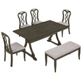 Retro 6 Piece Trestle Dining Table Set With Upholstered Dining Chairs And Dining Bench, Smooth Dining Backs For Dining Room, Living Room, Kitchen, Gray Gray Wood Dining Room Solid Wood Rubberwood Rectangular Dining Table With Chair And Bench Upholstered
