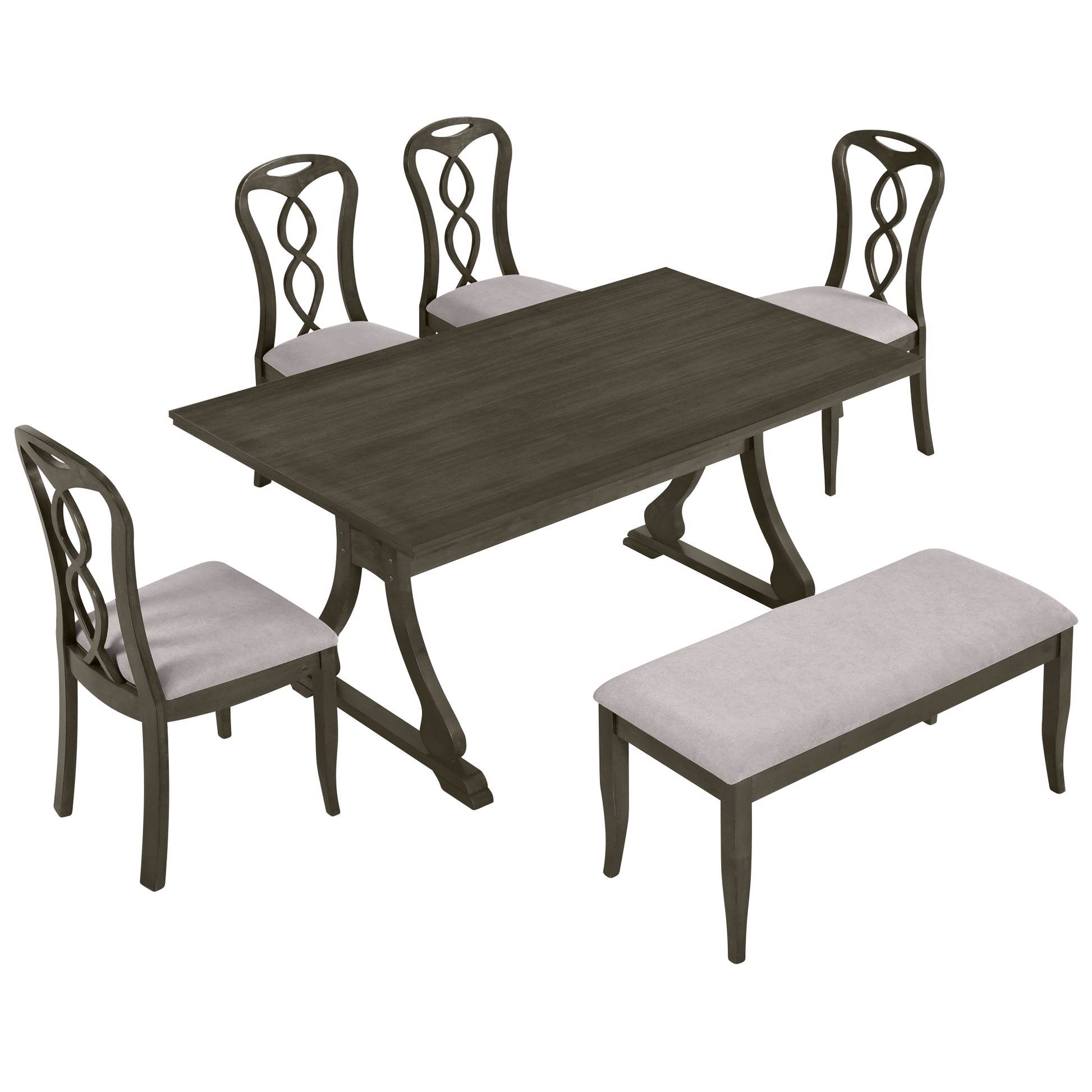Retro 6 Piece Trestle Dining Table Set With Upholstered Dining Chairs And Dining Bench, Smooth Dining Backs For Dining Room, Living Room, Kitchen, Gray Gray Wood Dining Room Solid Wood Rubberwood Rectangular Dining Table With Chair And Bench Upholstered