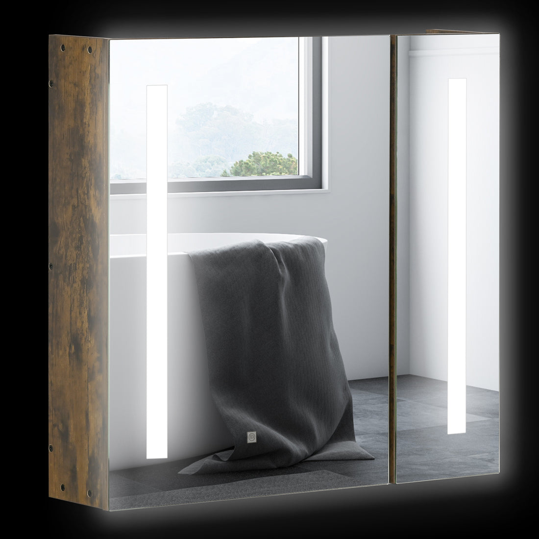 Kleankin Lighted Medicine Cabinet With Mirror, 27.5" X 25.5" Wall Mounted Dimmable Bathroom Mirror Cabinet With 3 Tier Storage Shelves, Led Lights, Smart Touch And Usb Charge, Dark Wood Grain Rustic Brown Mdf