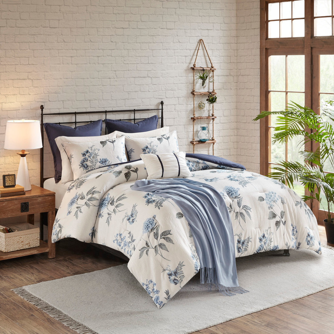 7 Piece Printed Seersucker Comforter Set With Throw Blanket Blue Full Queen Full Blue Microfiber
