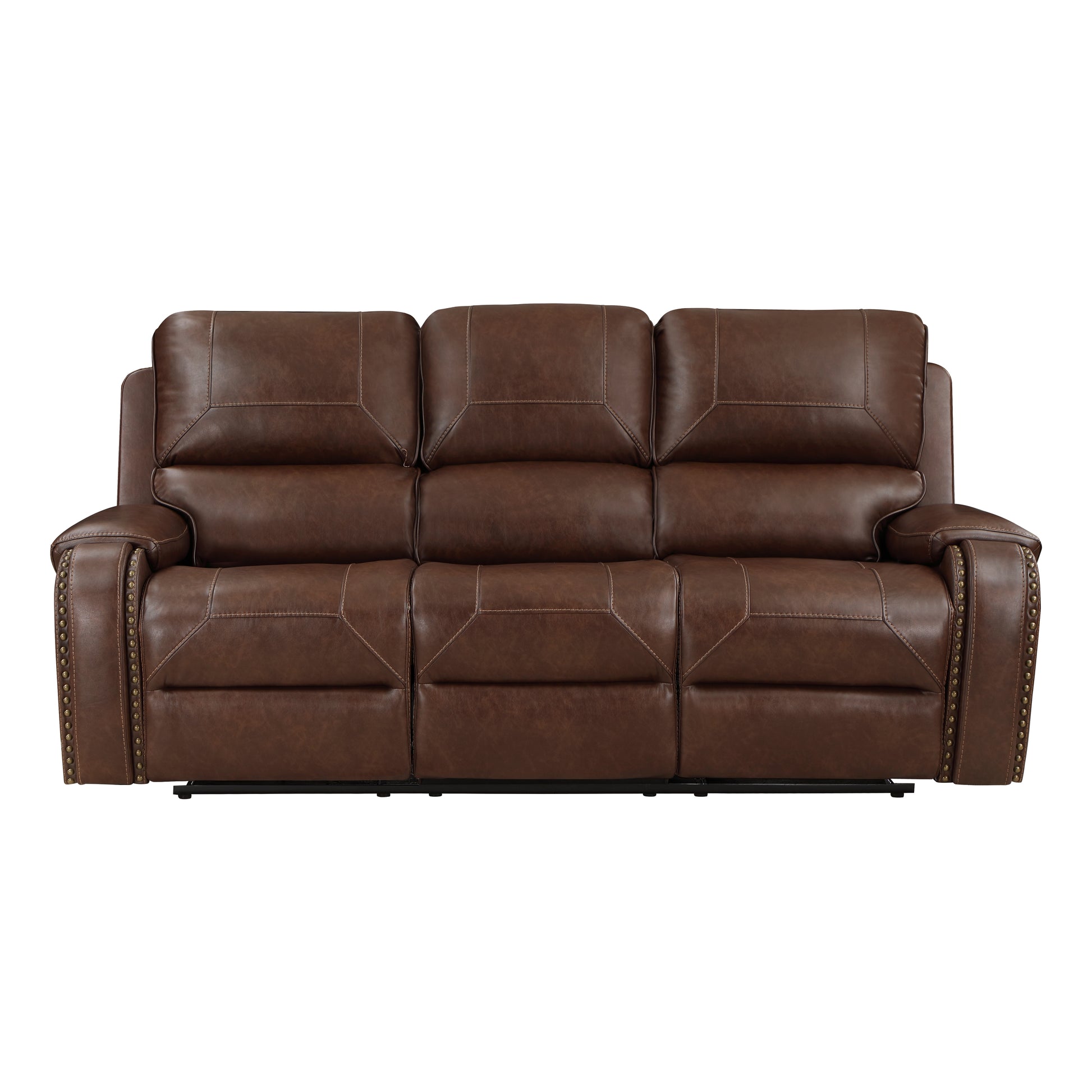 Double Reclining Brown Sofa With Center Drop Down Cup Holders, Receptacles And Usb Ports,Faux Leather Upholstered Traditional Trim 1Pc Modern Living Room Furniture Brown Faux Leather Wood Primary Living Space Modern Plywood,Solid Wood 3 Seat