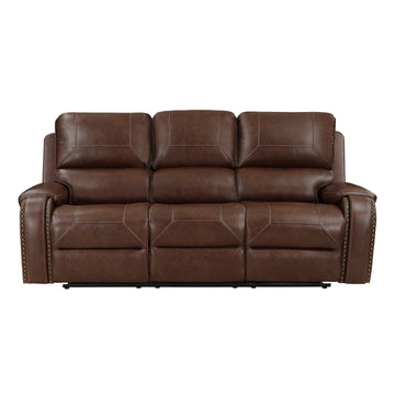 Double Reclining Brown Sofa With Center Drop Down Cup Holders, Receptacles And Usb Ports,Faux Leather Upholstered Traditional Trim 1Pc Modern Living Room Furniture Brown Faux Leather Wood Primary Living Space Modern Plywood,Solid Wood 3 Seat