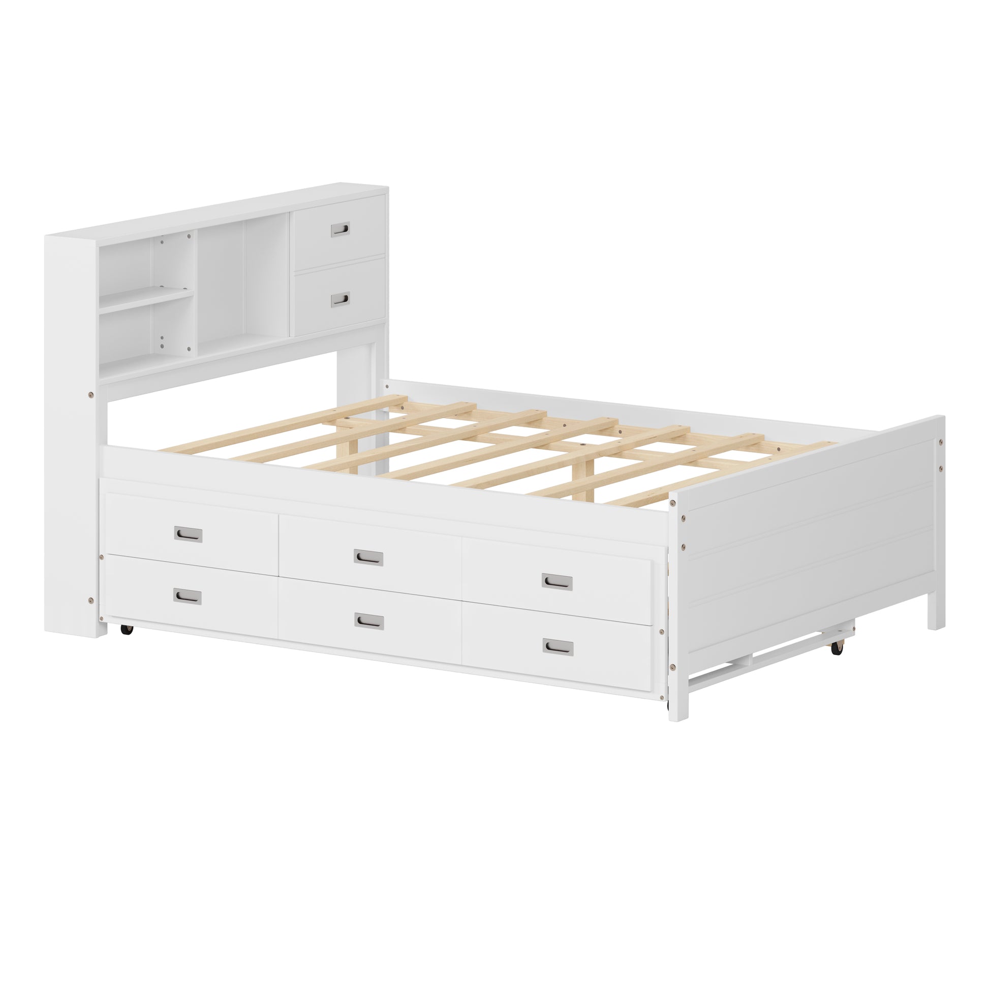 Full Size Captain Bed With Storage Bookcase Headboard,Captain Bed With Trundle And Three Storage Drawers For Kids Teens Dorm Bedroom Multipurpose Guest Room Or Home, White Box Spring Not Required Full White Wood Solid Wood Mdf