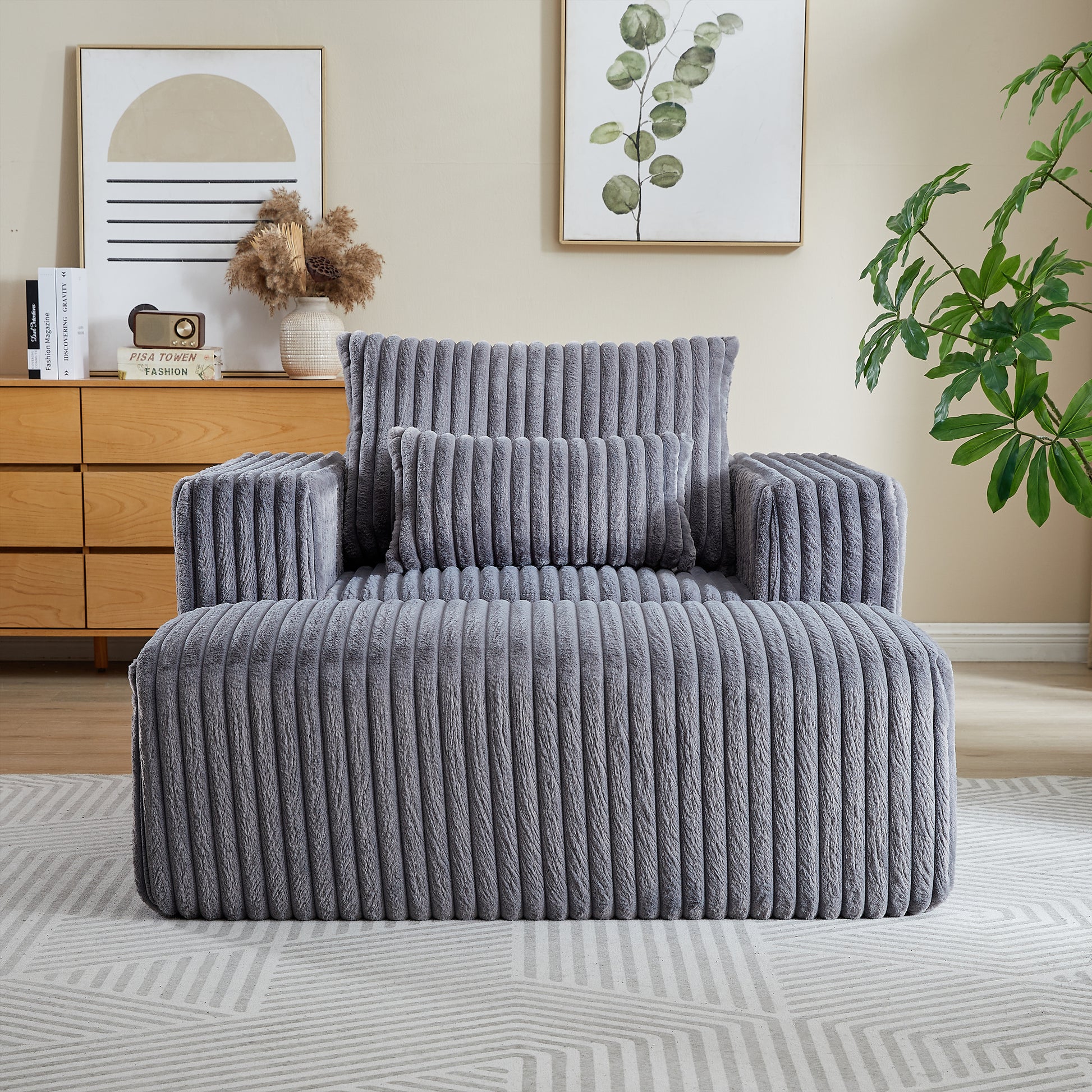 62.5 Inch Corduroy Sponge Sofa Lounge Chair With Removable Footrest,No Assembly Required,Fluffy Modern Sleeper Chair For Indoor Living Room Bedroom Grey Foam Corduroy 1 Seat