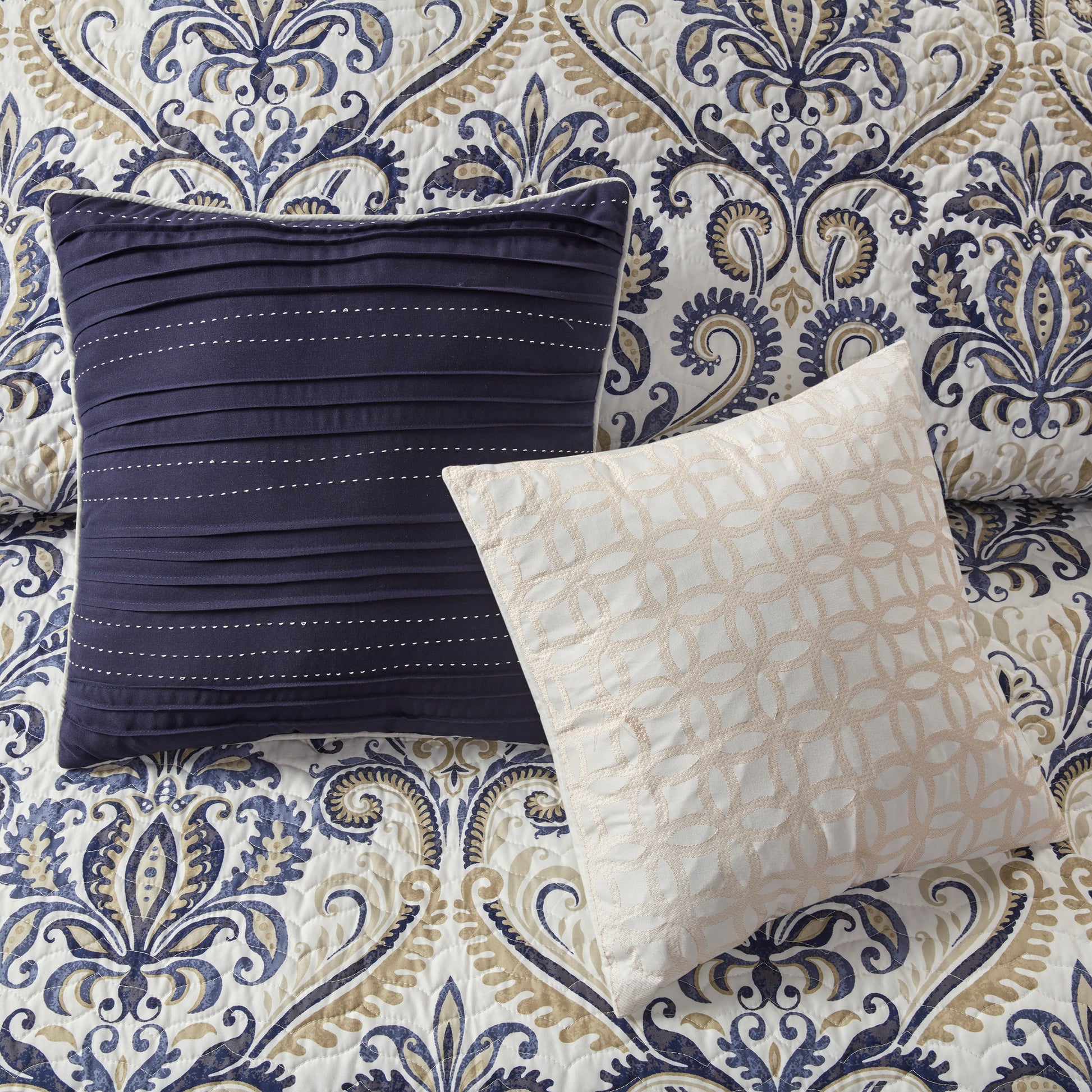 6 Piece Reversible Quilt Set With Throw Pillows Navy Tan Full Queen Full Navy Cotton