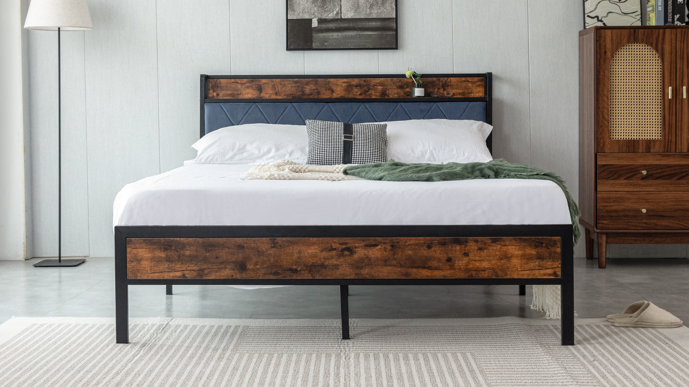 Black Queen Metal Bed Frame With Upholstered Headboard And Footboard And Iron Slats, Rustic Bed Base, Heavy Duty Platform Bed Frame,12 Inch Underbed Storage No Springs Required Box Spring Required Queen Black Dark Walnut Metal Brown Bedroom