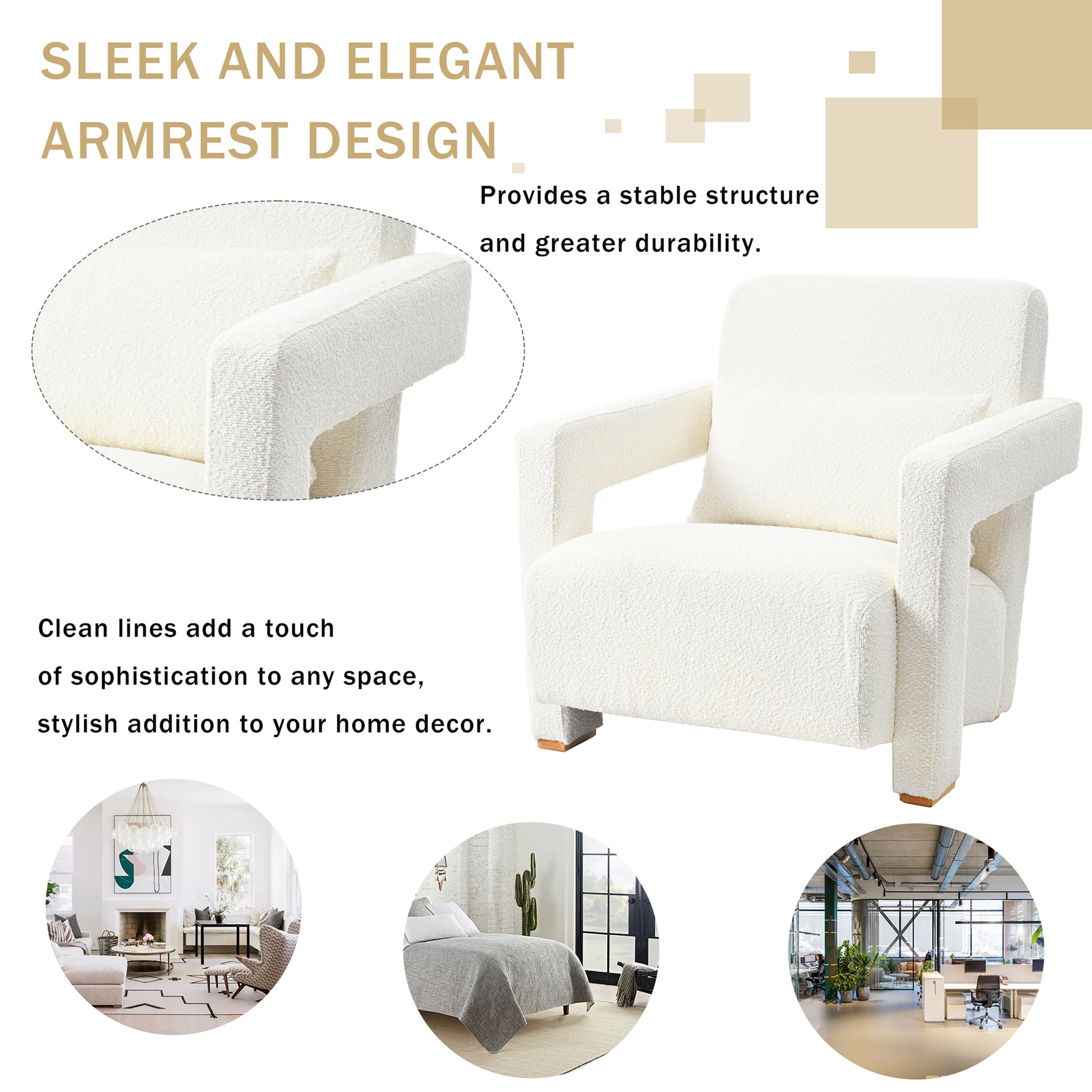 Mirod Sleek Right Angle Armrests, Ergonomic Lumbar Support, Square Wooden Block Legs, Inclined Seat For Comfort, Artistic Statement Piece For Living Room,Bedroom And Study White Boucle