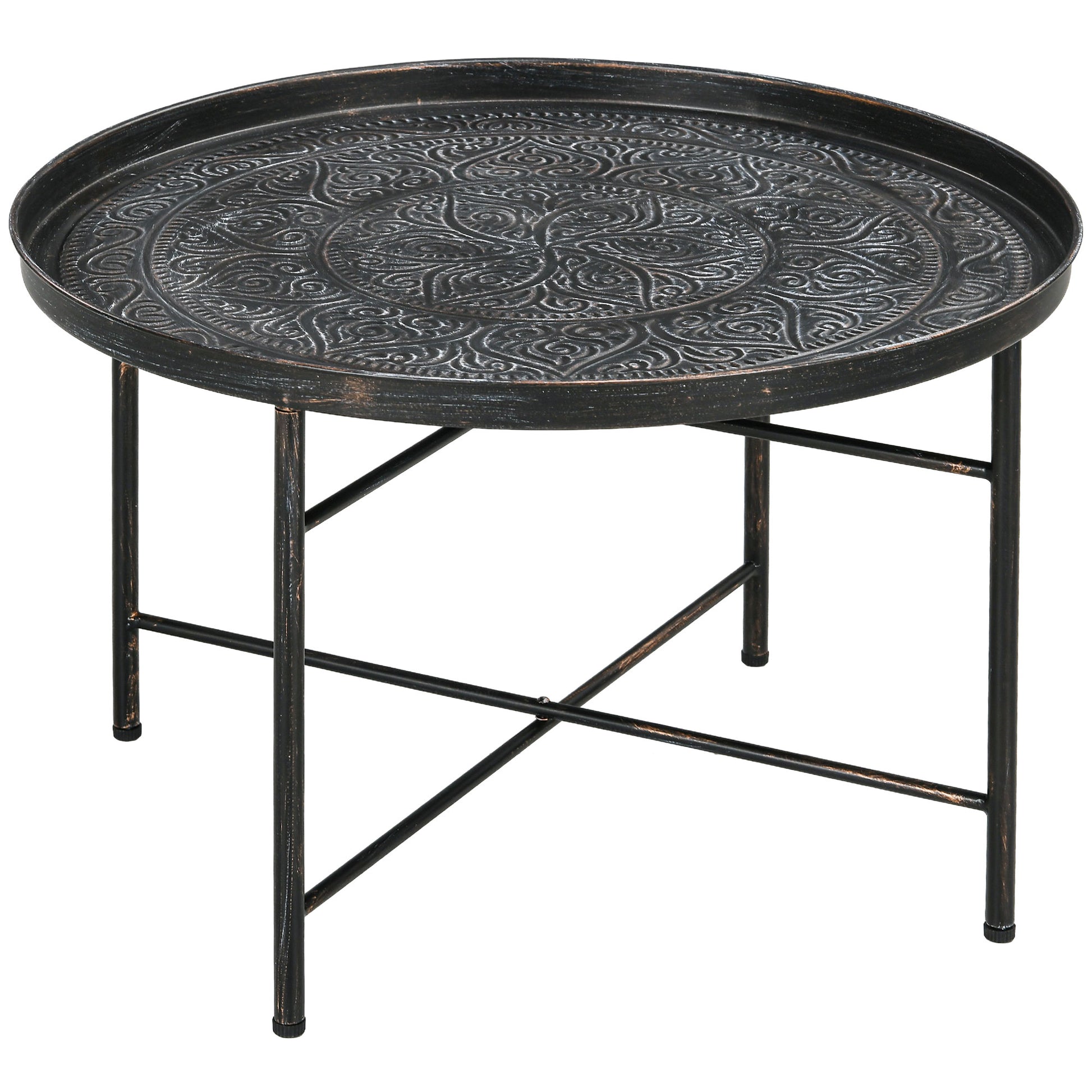 Homcom 24" Round Coffee Table With Hammered Tray Top, Vintage Metal Center Table For Living Room, Bedroom, Side Table, Pewter Pewter Metal