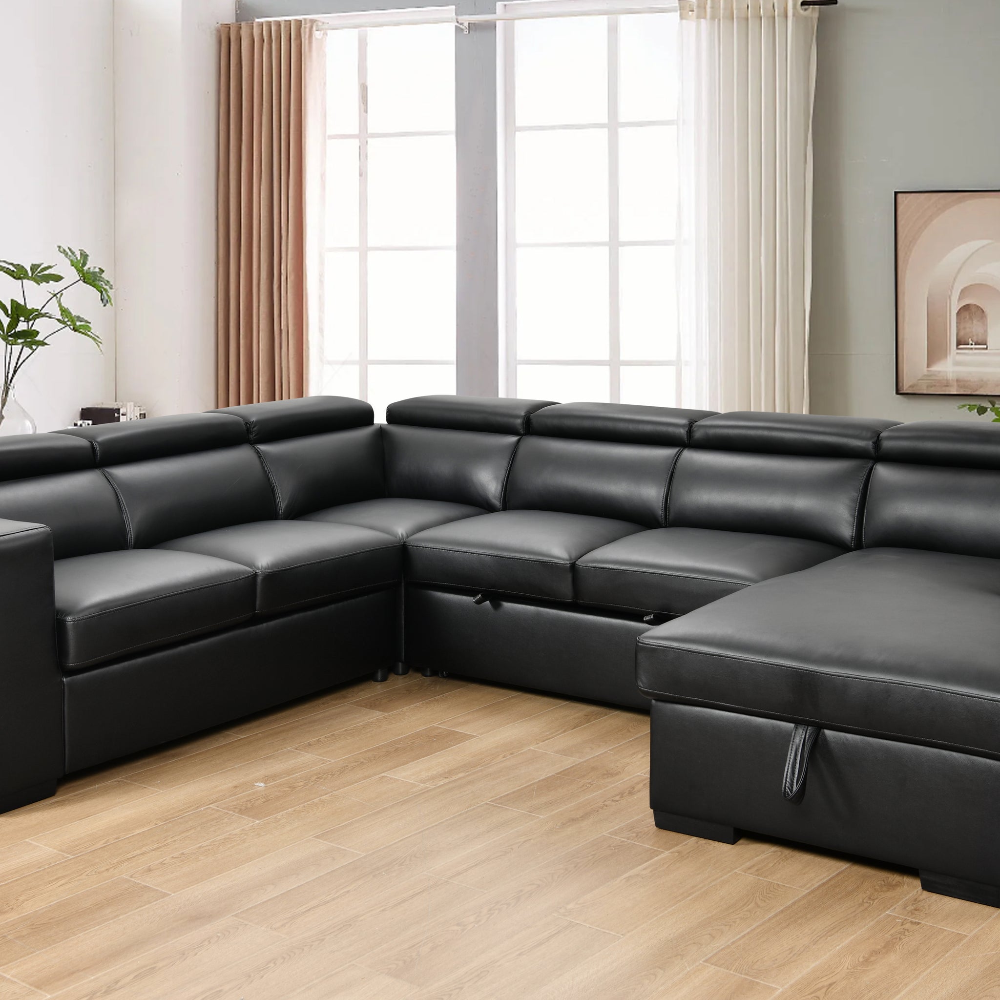 123" Modern U Shaped 7 Seat Sectional Sofa Couch With Adjustable Headrest, Sofa Bed With Storage Chaise Pull Out Couch Bed For Living Room ,Black Light Brown Wood Primary Living Space Heavy Duty Eucalyptus 7 Seat Black Faux Leather Soft Cushion Back