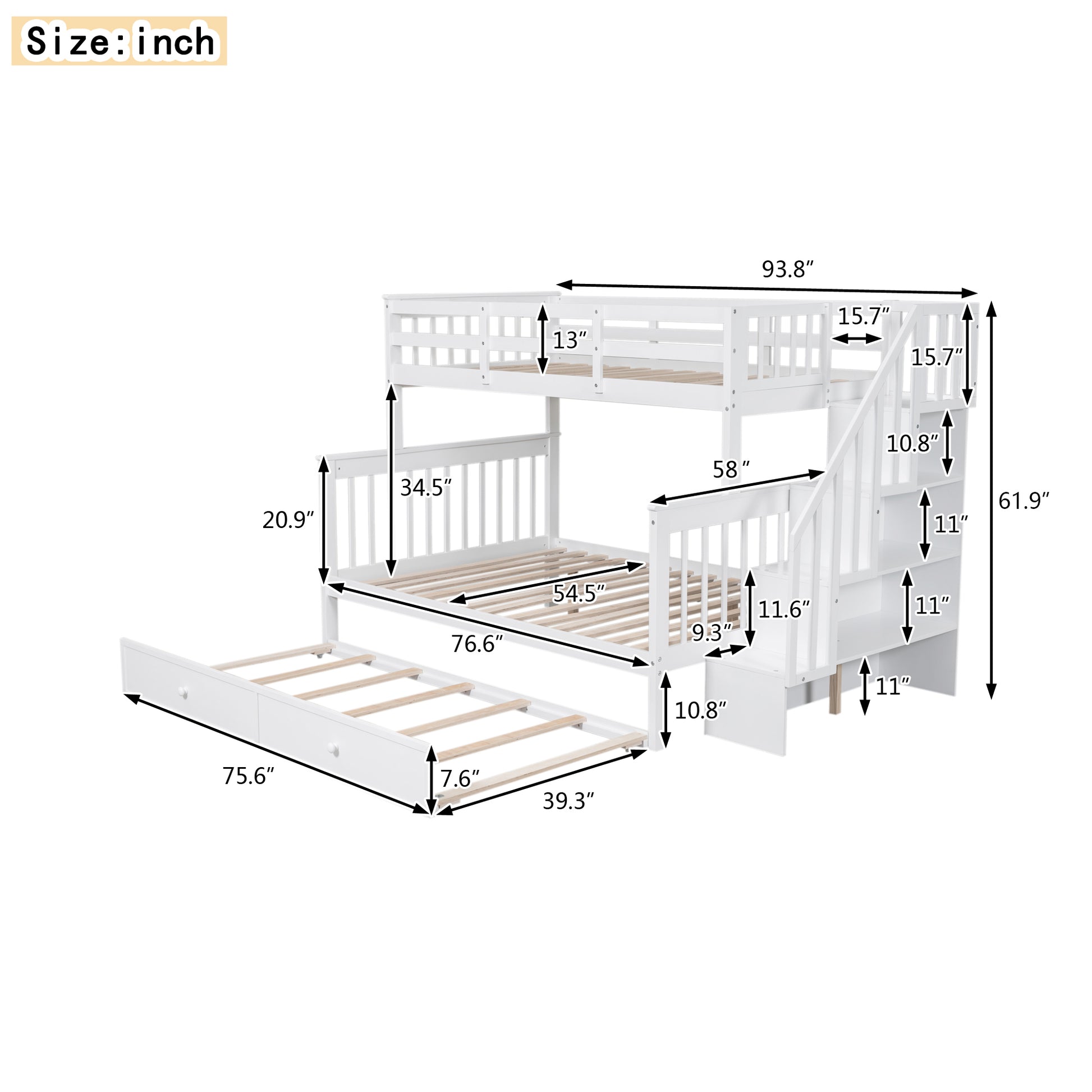 Twin Over Full Bunk Bed With Twin Size Trundle, Storage And Guard Rail For Bedroom, Dorm, For Adults, White Old Sku :Lt000119Aak Twin White Solid Wood
