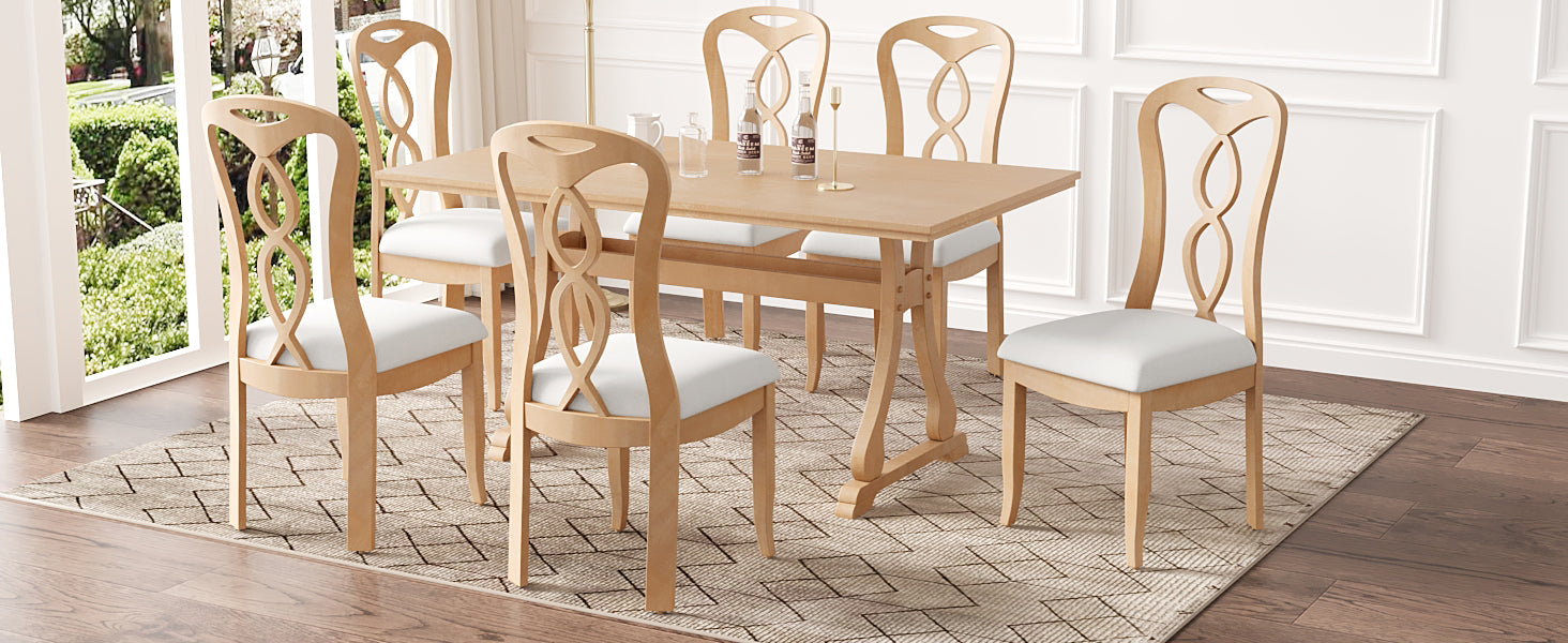 Retro 7 Piece Trestle Dining Table Set With Upholstered Dining Chairs, Smooth Dining Backs For Dining Room, Living Room, Kitchen, Natural Upholstered Chair Wood Natural Beige Seats 6 Wood Dining Room Solid Wood Rubberwood Trestle Rectangular Foam Dining
