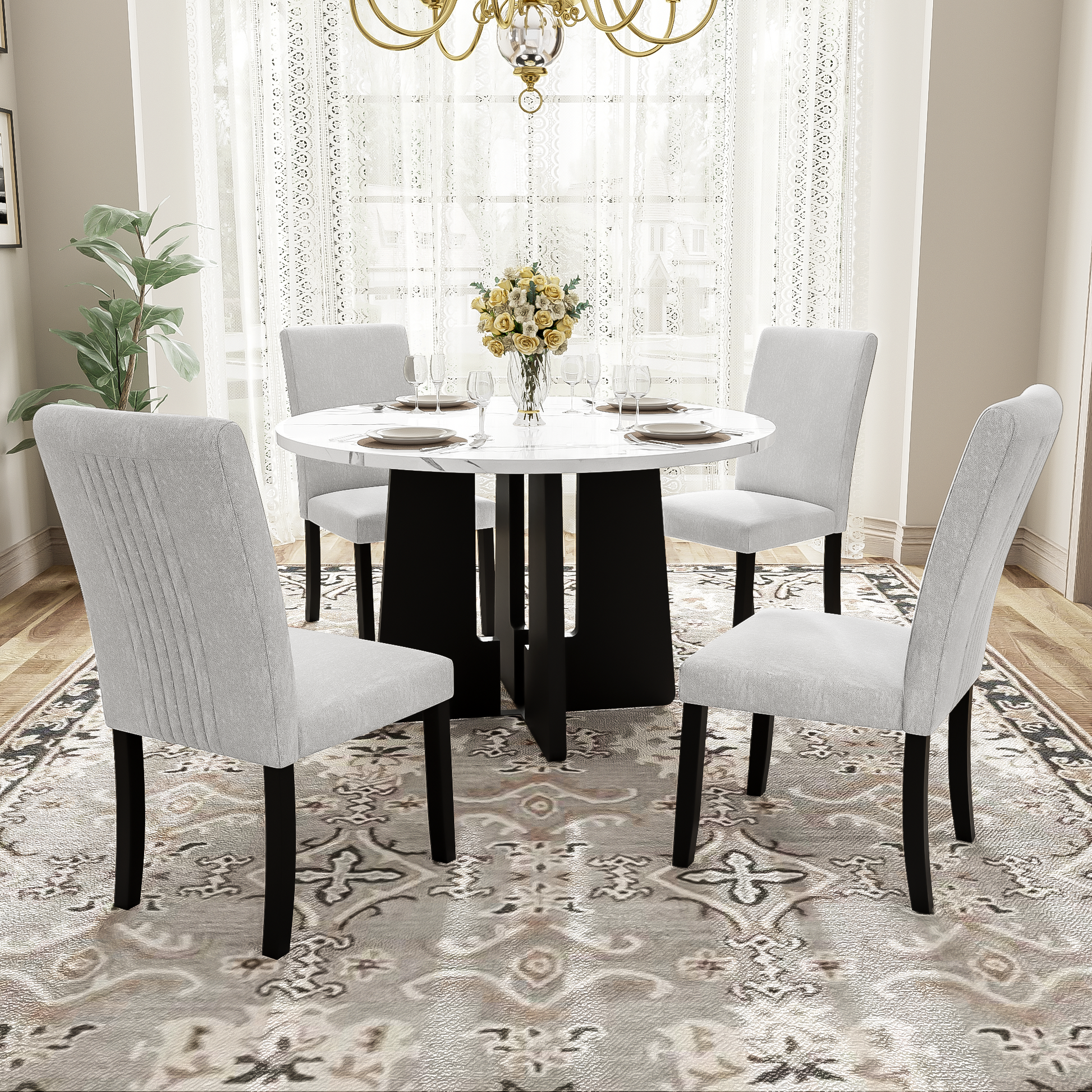 5 Piece Round Dining Table Set, 43 Inch Modern Dining Table And 4 Upholstered Chairs For Dining Room, Kitchen Room, Living Room, Easy Assembly Upholstered Chair Beige White Dining Room American Design,Farmhouse,Mid Century Modern,Modern Round Round