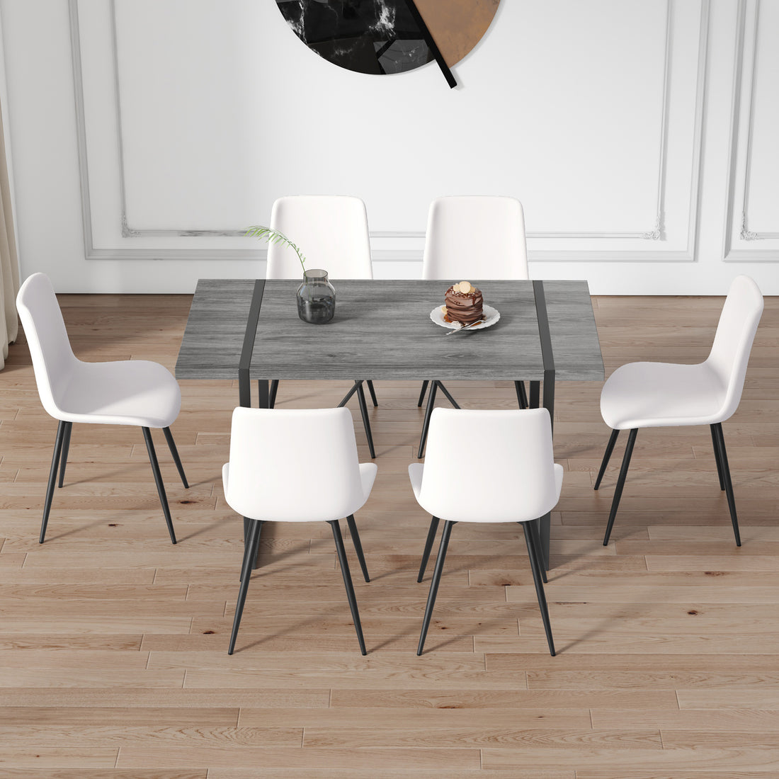 Table And Chair Set, Textured Top In Vintage Retro Grey Wood Grain Desktop, Black Metal Legs. Dining Chair With White Faux Leather Backrest Cushion With Black Metal Legs. Gray,Wood Seats 6 Mdf Metal