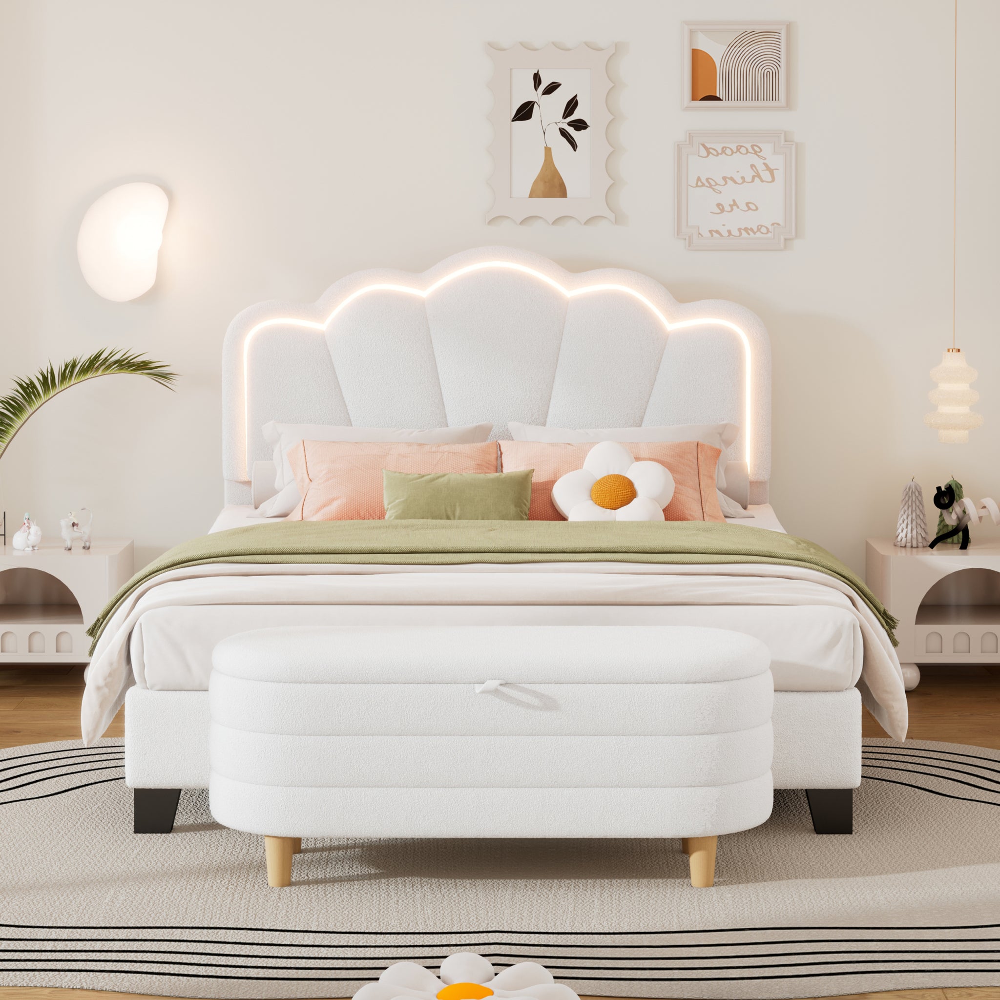 2 Pieces Bedroom Sets Full Size Flower Shaped Upholstered Led Platform Bed With Storage Ottoman Sherpa Fabric, White Full White 2 Piece Set Wood