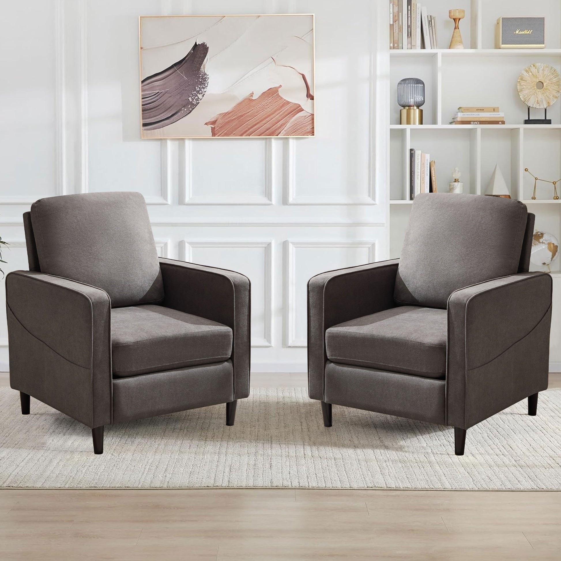 Mid Century Accent Chair ,Modern Linen Fabric Armchair For Living Room,Double Side Pockets, Comfortable And Padded Reading Feature Sofa Chair, Suitable For Bedrooms, Living Rooms, And Offices Dark Grey Linen