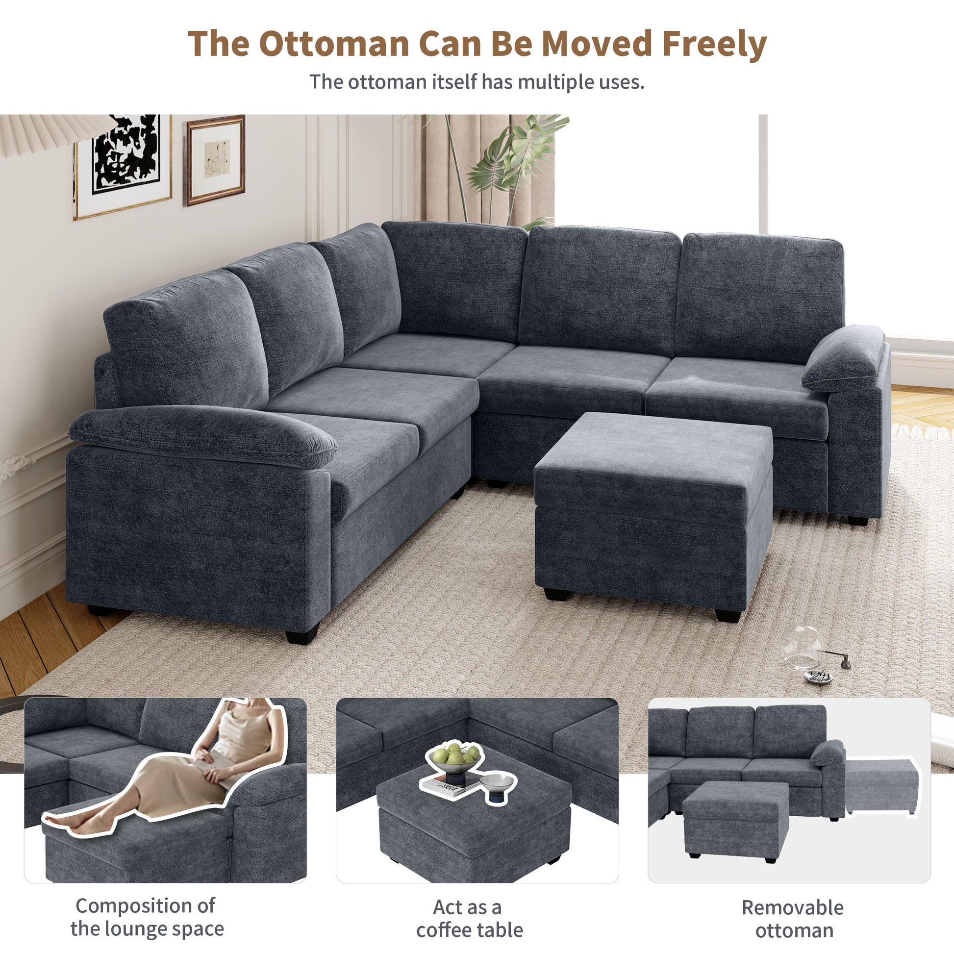 84*84" Modern Velvet Sectional Sofa Set,Large U Shaped Upholstered Corner Couch With Ottoman,Armrest Pillow,6 Seat Indoor Furniture For Living Room,Apartment,Office,2 Colors Gray Velvet 6 Seat